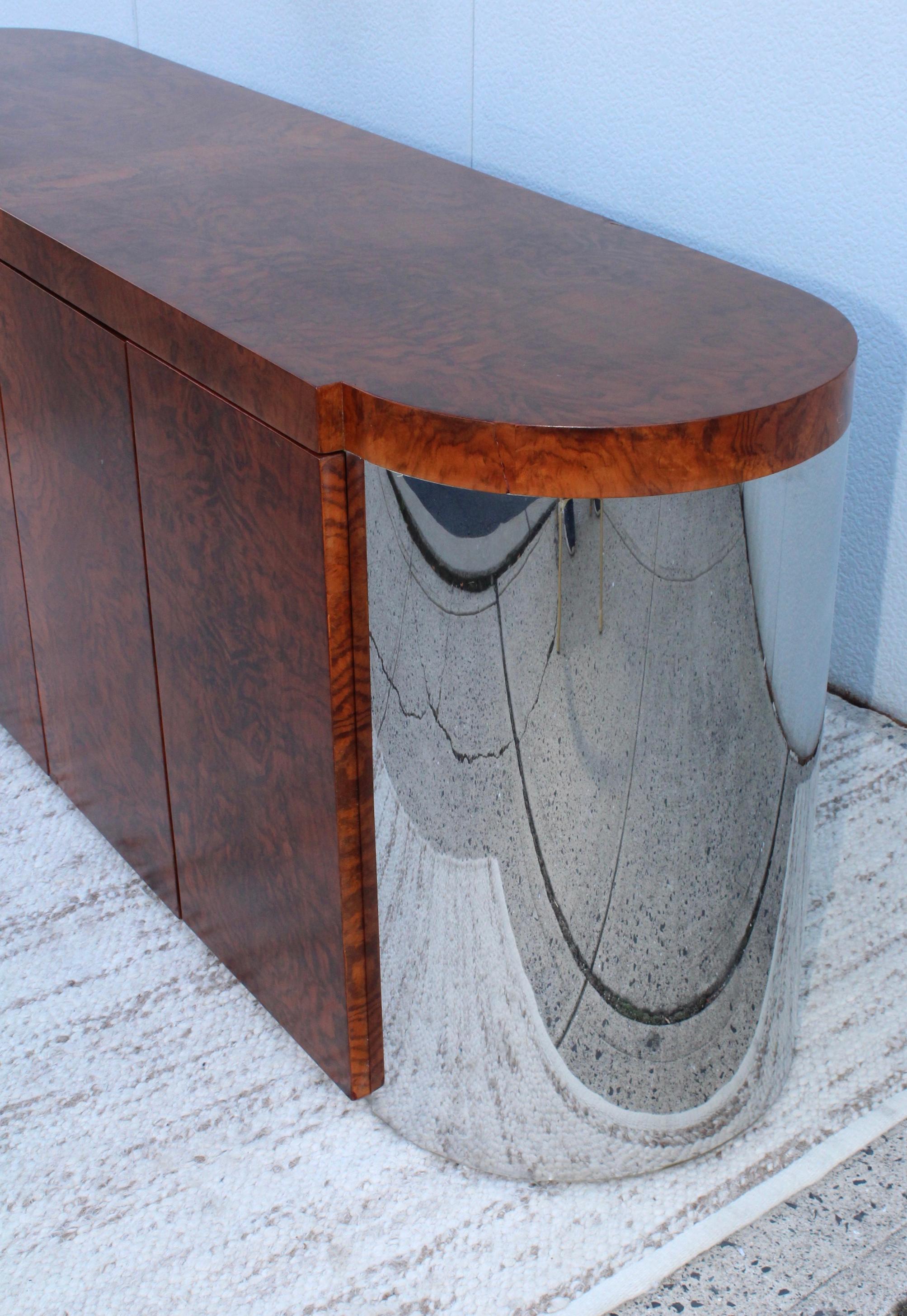 Art-Deco Style Burl Wood and Chrome Credenza 4