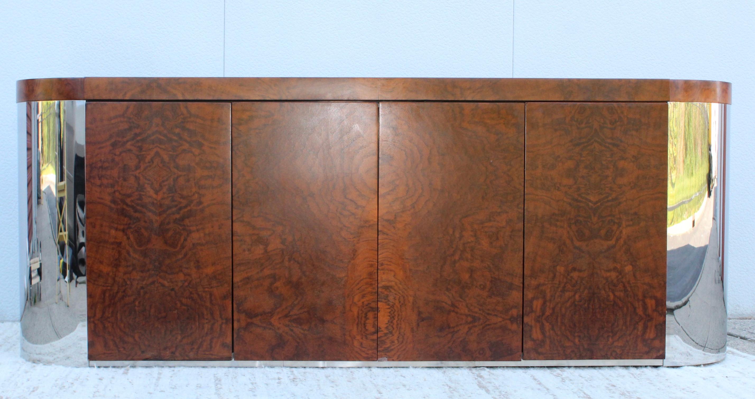 Art-Deco Style Burl Wood and Chrome Credenza In Distressed Condition In New York, NY