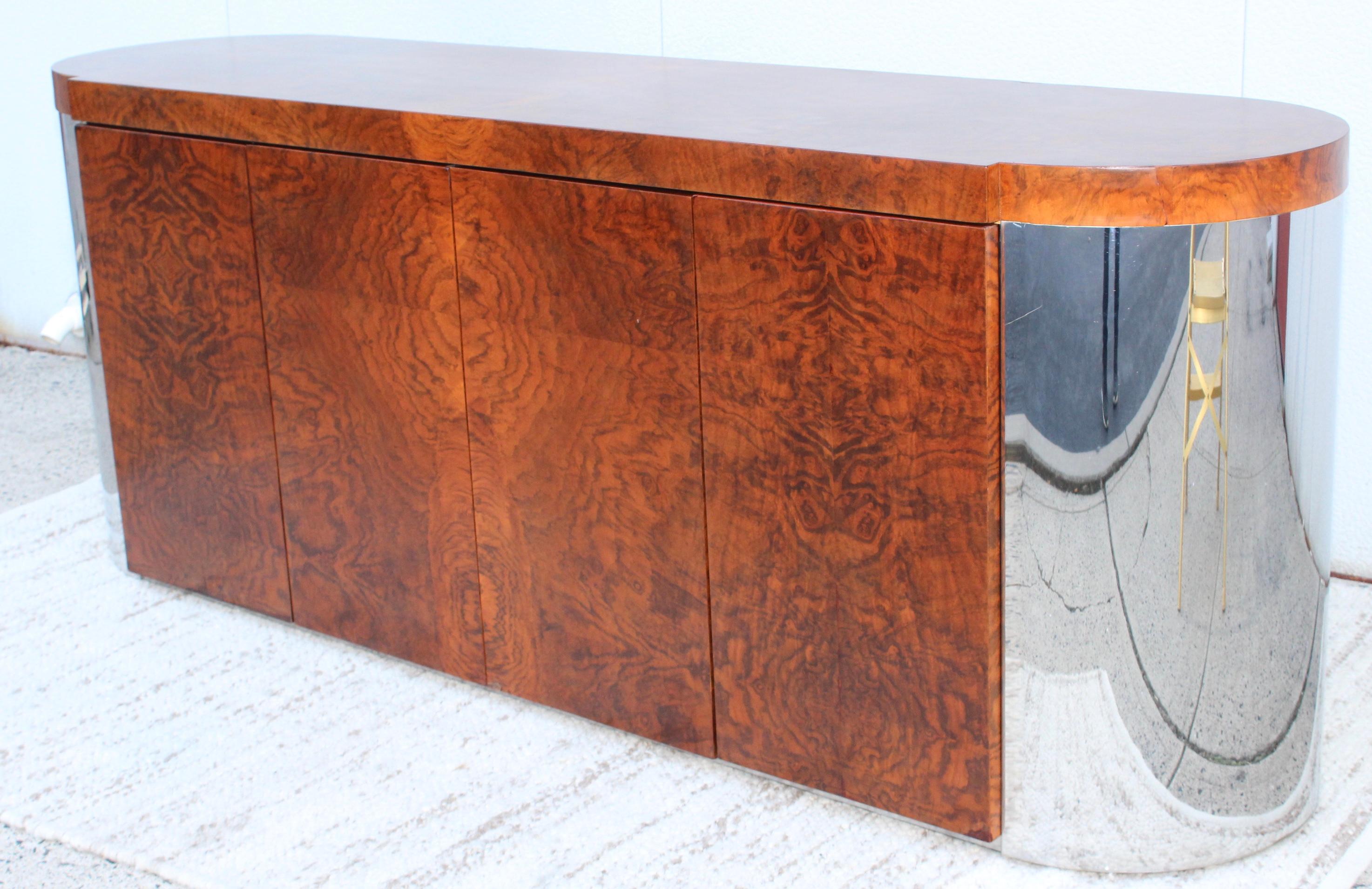 Mid-20th Century Art-Deco Style Burl Wood and Chrome Credenza