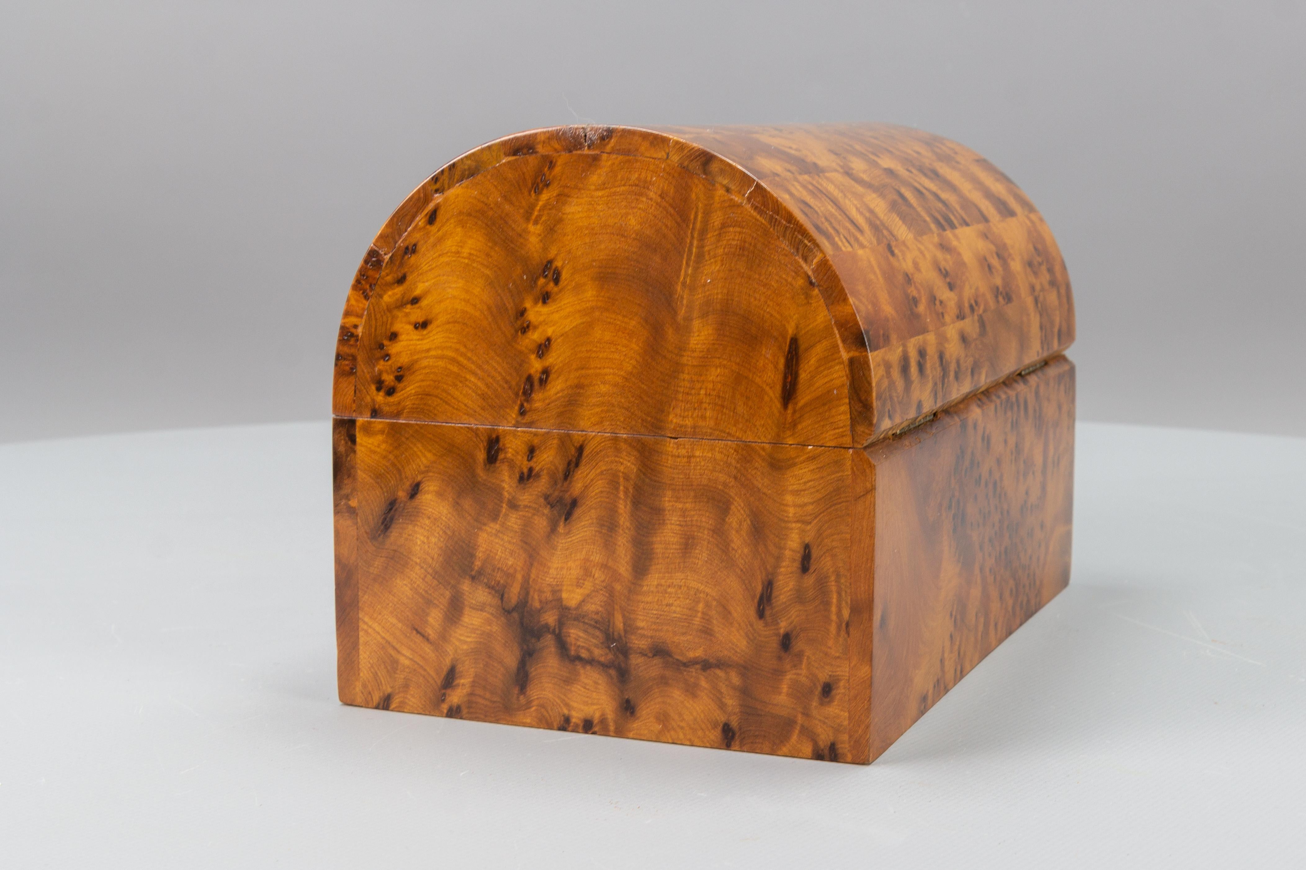 German Art Deco Style Burl Wood Dome Top Jewelry Box