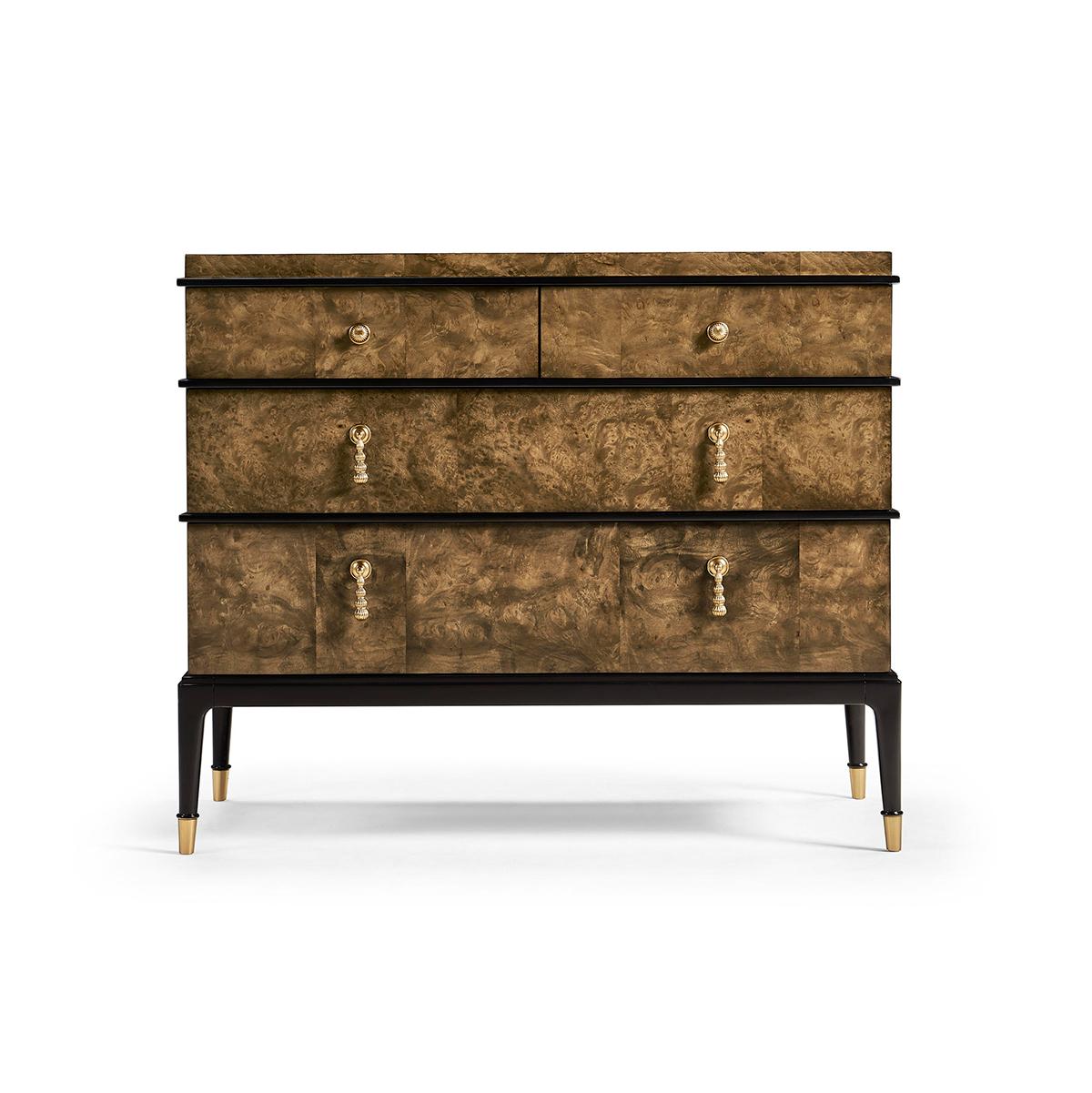 A striking design with blended elements from the Art Deco and Mid-Century modern styles. Clean lines, bold contrasts, and minimalist elements make this a statement piece that seamlessly blends with contemporary interiors.

The four-drawer chest has