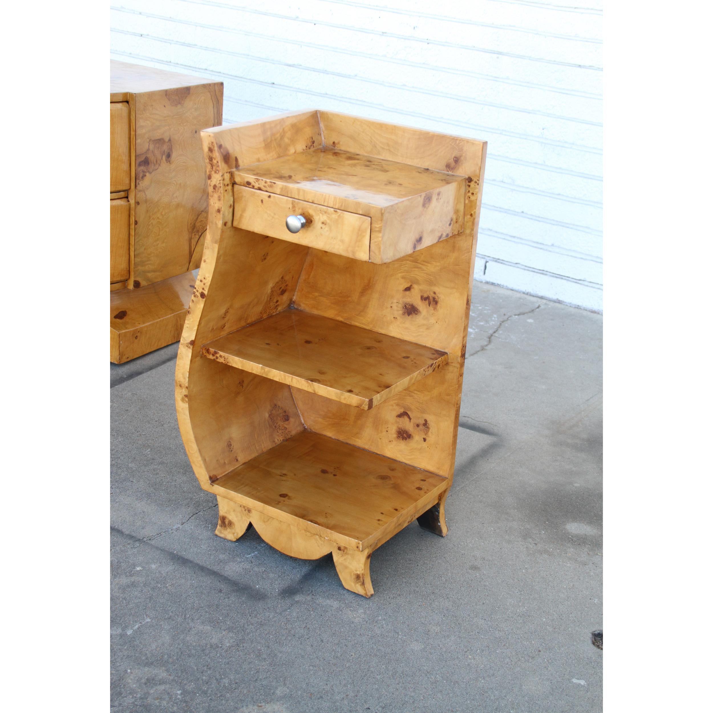 Art Deco Style Burled Nightstands with shelves For Sale 3
