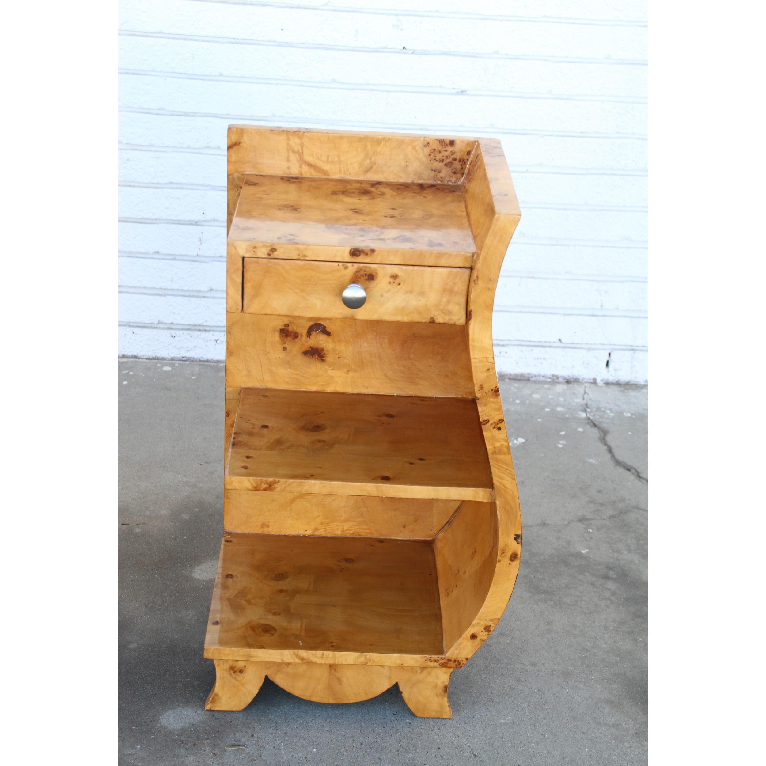 Mid-Century Modern Art Deco Style Burled Nightstands with shelves For Sale