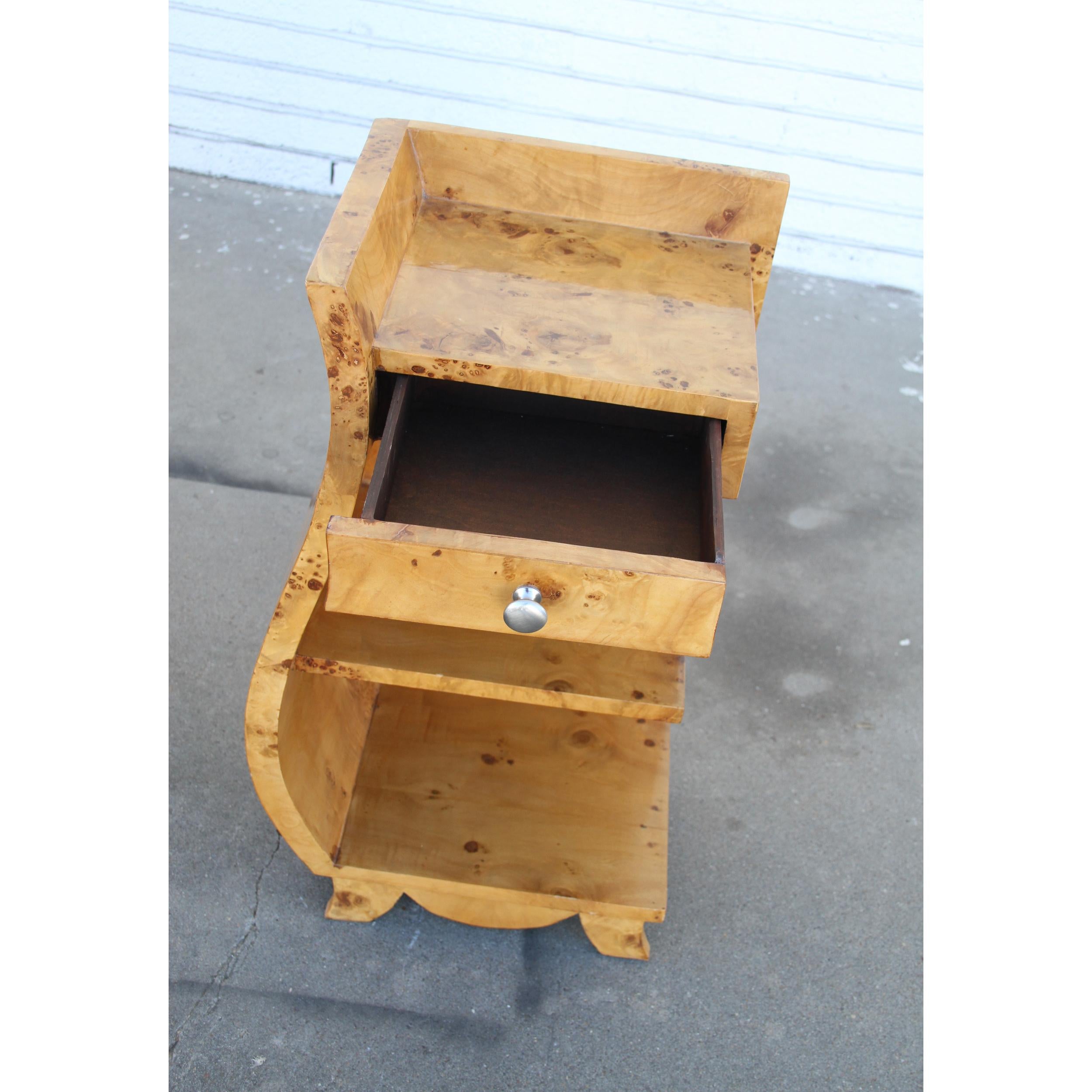 Wood Art Deco Style Burled Nightstands with shelves For Sale