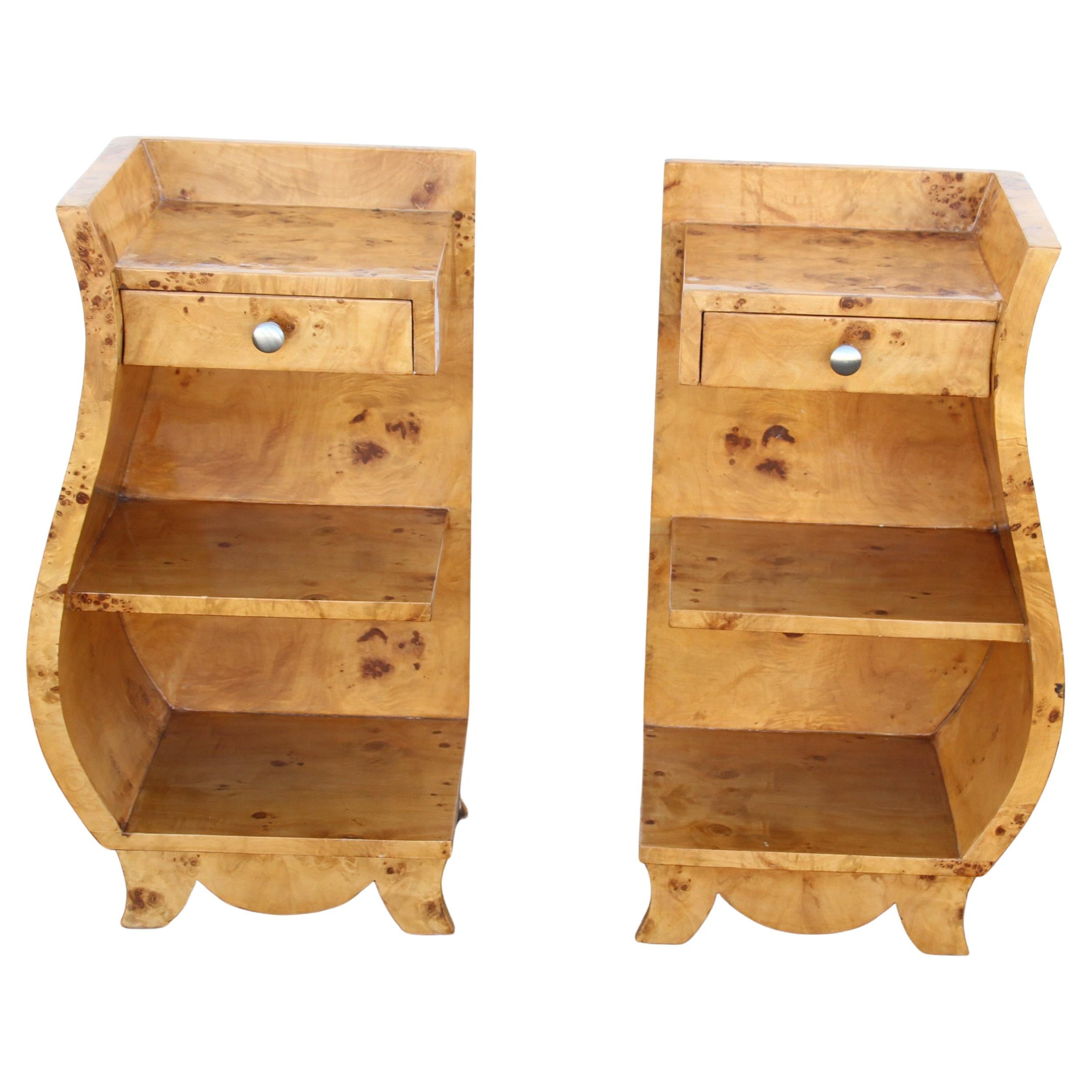 Art Deco Style Burled Nightstands with shelves