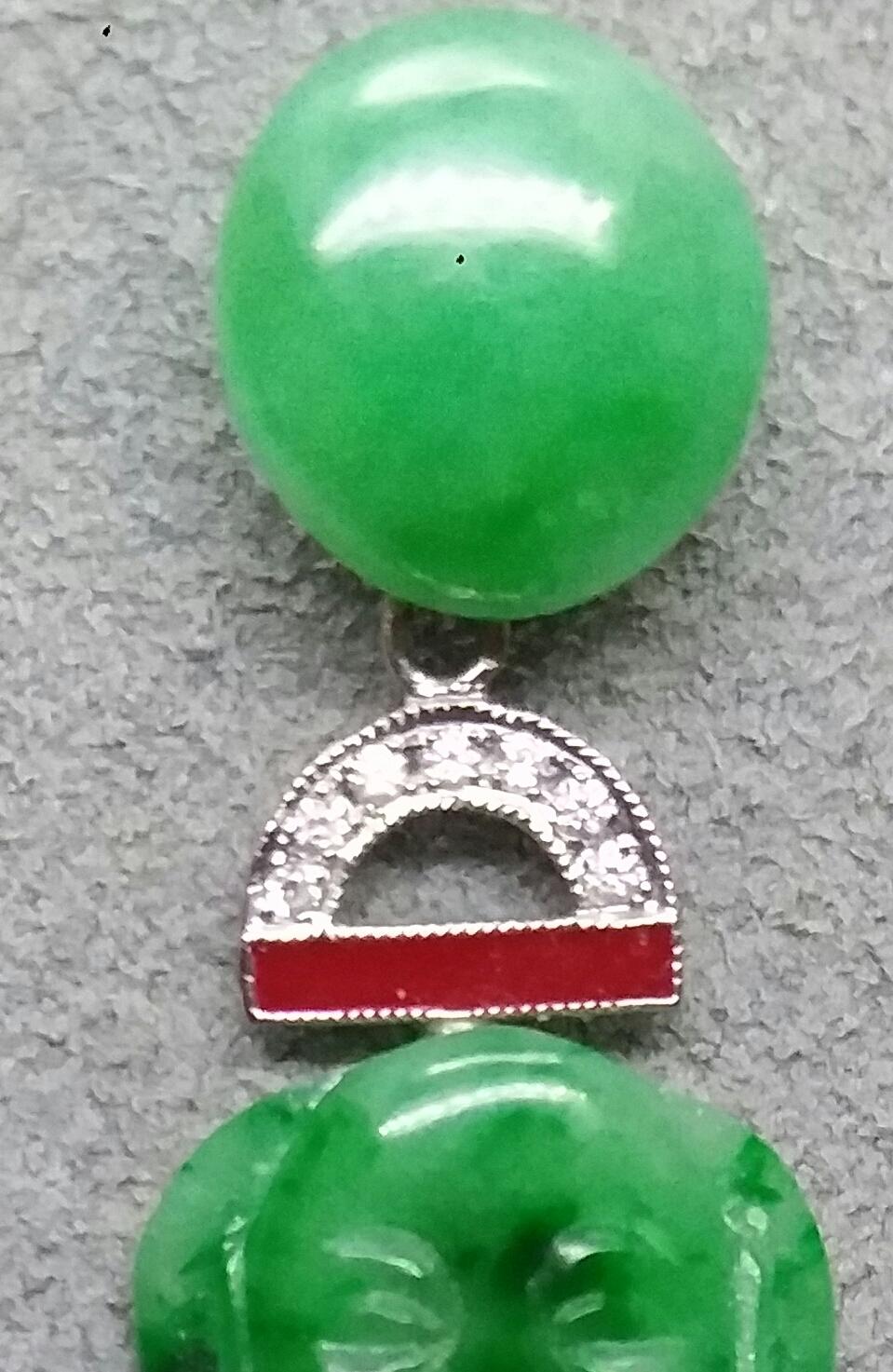 Art Deco Style Burma Jade Buddha 14K Gold Diamonds Red Enamel Dangle Earrings For Sale 2