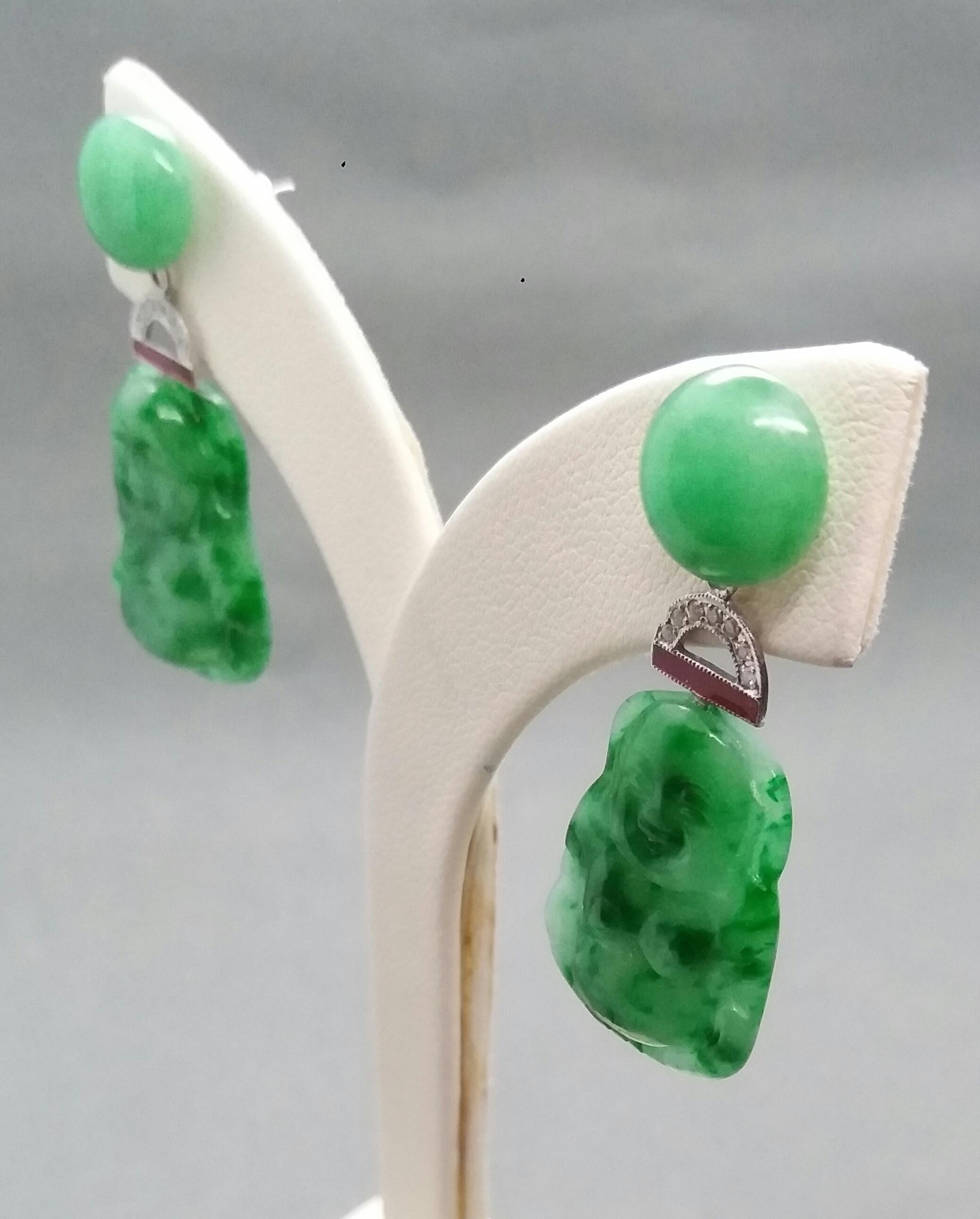 Art Deco Style Burma Jade Buddha 14K Gold Diamonds Red Enamel Dangle Earrings In Good Condition For Sale In Bangkok, TH