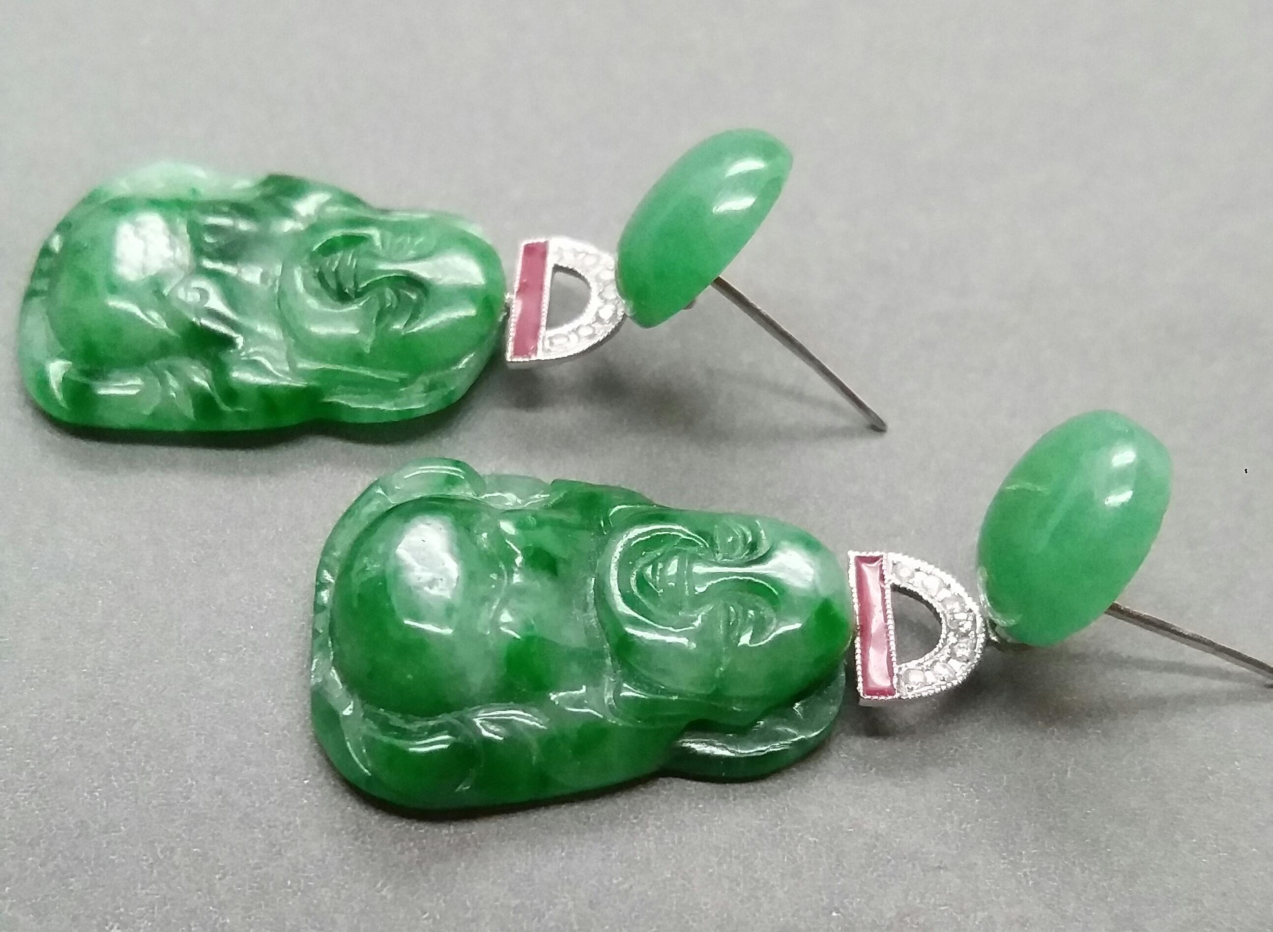 Art Deco Style Burma Jade Buddha 14K Gold Diamonds Red Enamel Dangle Earrings For Sale 1