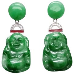 Art Deco Style Burma Jade Buddha 14K Gold Diamonds Red Enamel Dangle Earrings