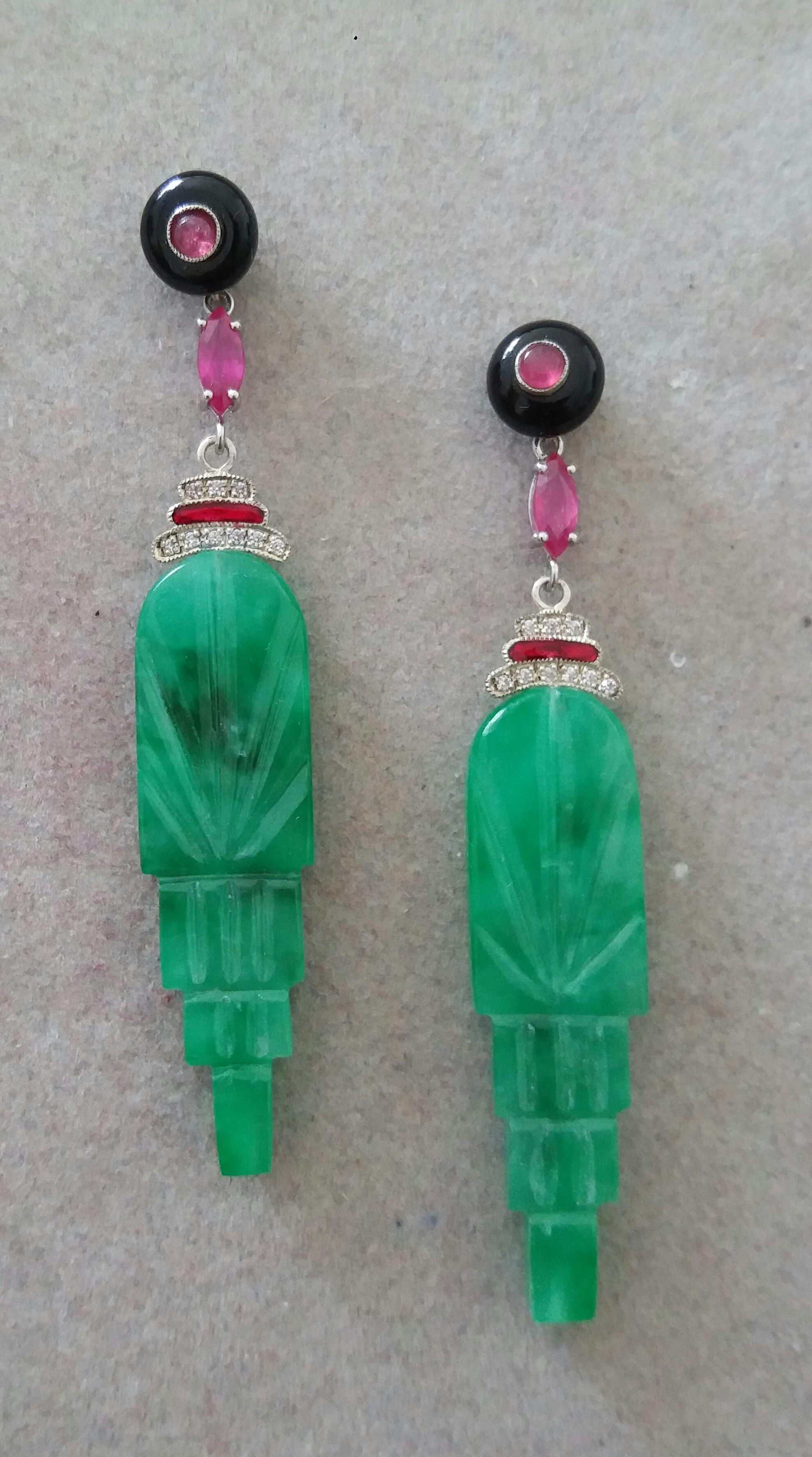 Art Deco Style Burma Jade Rubies Black Onyx Black Enamel Gold Diamonds Earrings For Sale 1