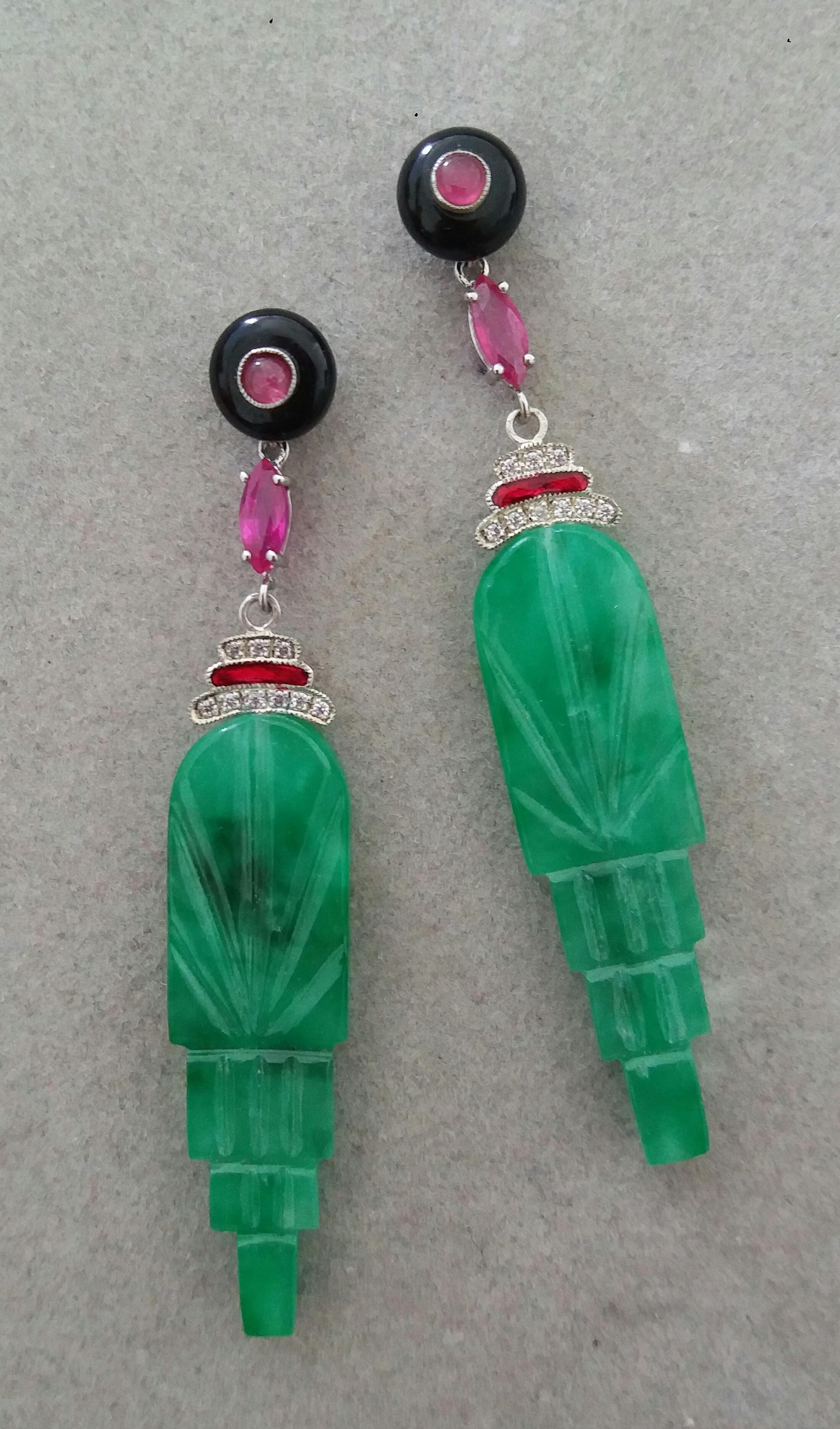 Art Deco Style Burma Jade Rubies Black Onyx Black Enamel Gold Diamonds Earrings For Sale 2