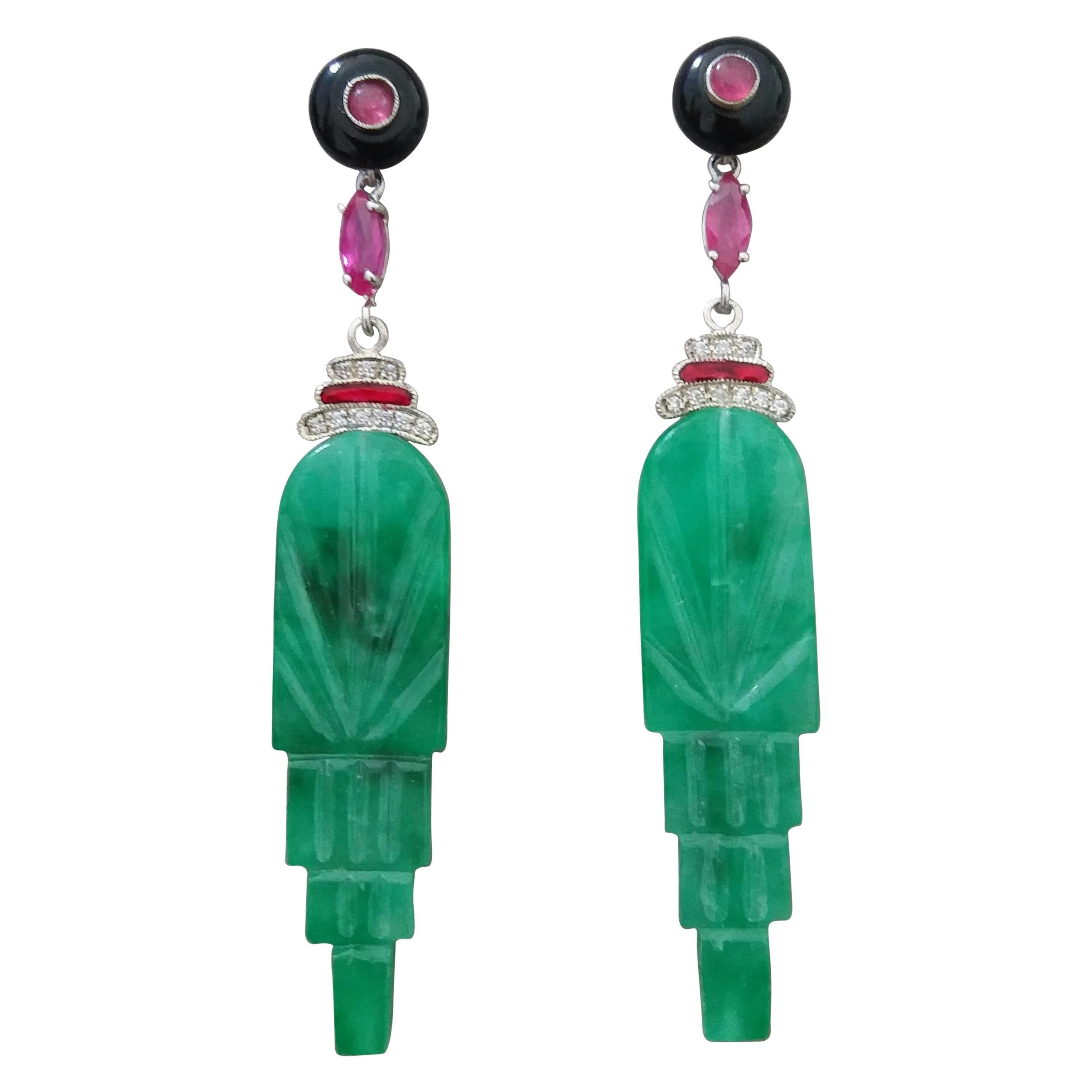 Art Deco Style Burma Jade Rubies Black Onyx Black Enamel Gold Diamonds Earrings For Sale