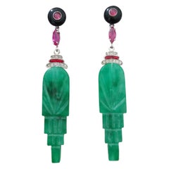 Art Deco Style Burma Jade Rubies Black Onyx Black Enamel Gold Diamonds Earrings