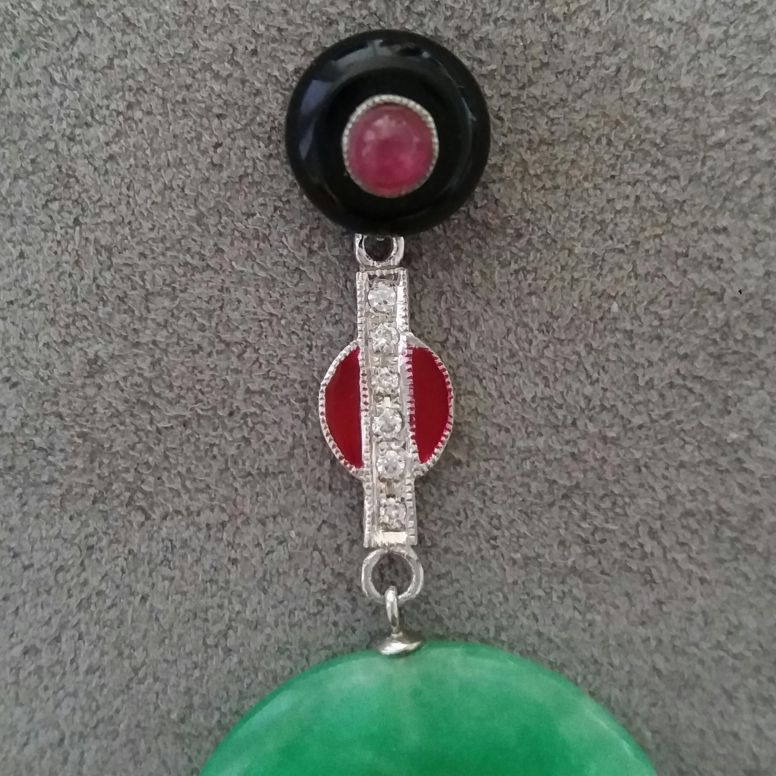 Cabochon Art Deco Style Burma Jade Rubies Gold Diamonds Red Enamel Black Onyx Earrings For Sale