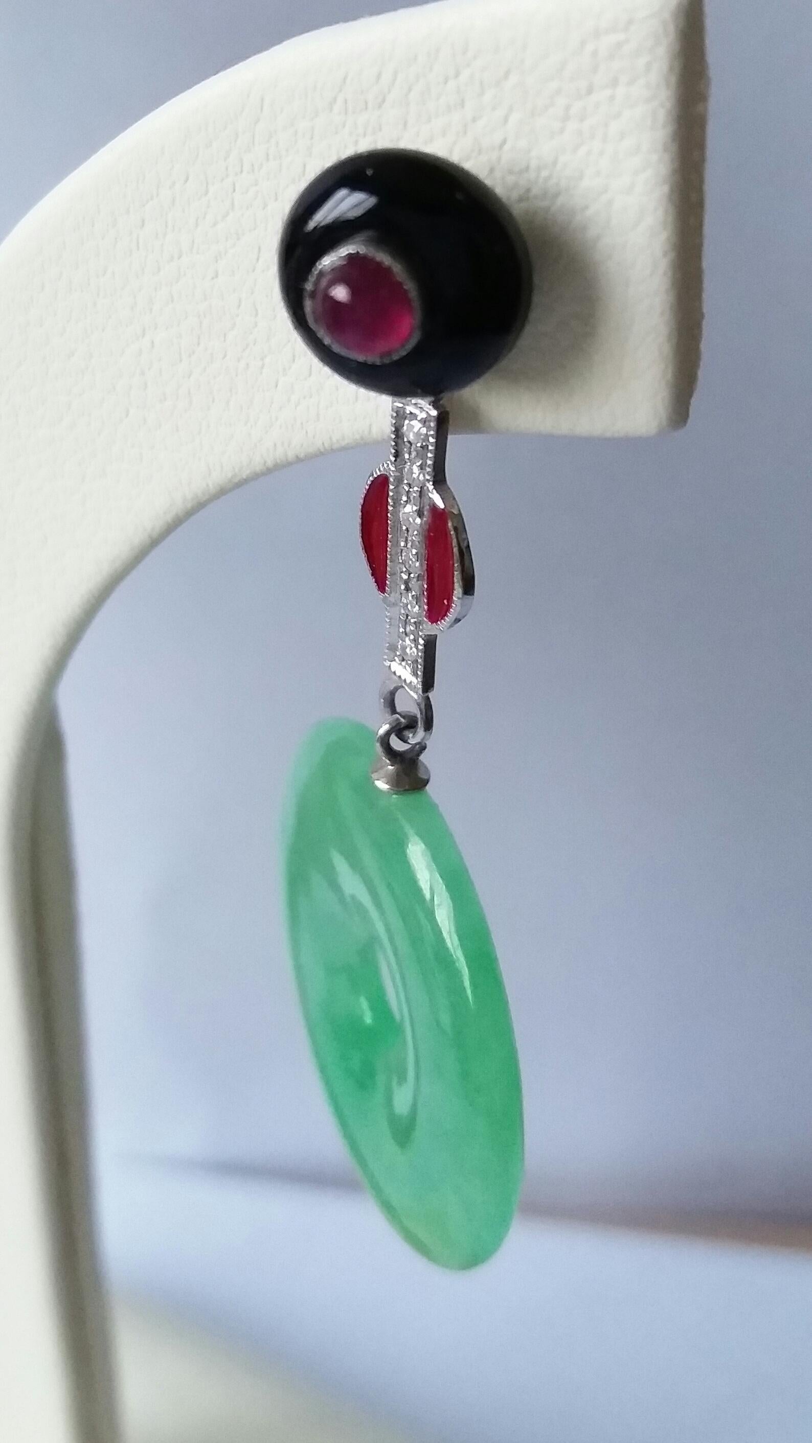 Art Deco Style Burma Jade Rubies Gold Diamonds Red Enamel Black Onyx Earrings In Excellent Condition For Sale In Bangkok, TH