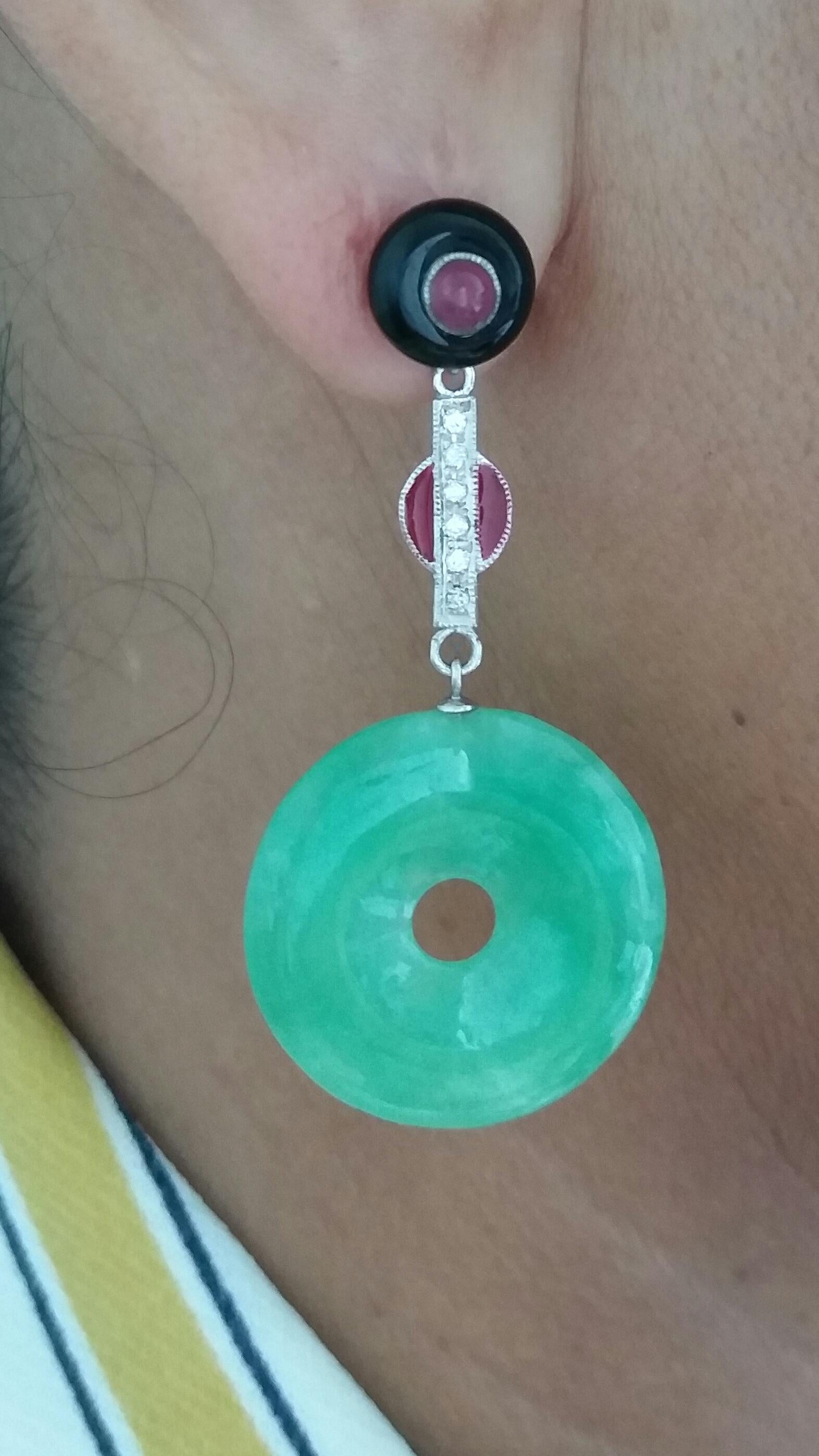 Art Deco Style Burma Jade Rubies Gold Diamonds Red Enamel Black Onyx Earrings For Sale 1