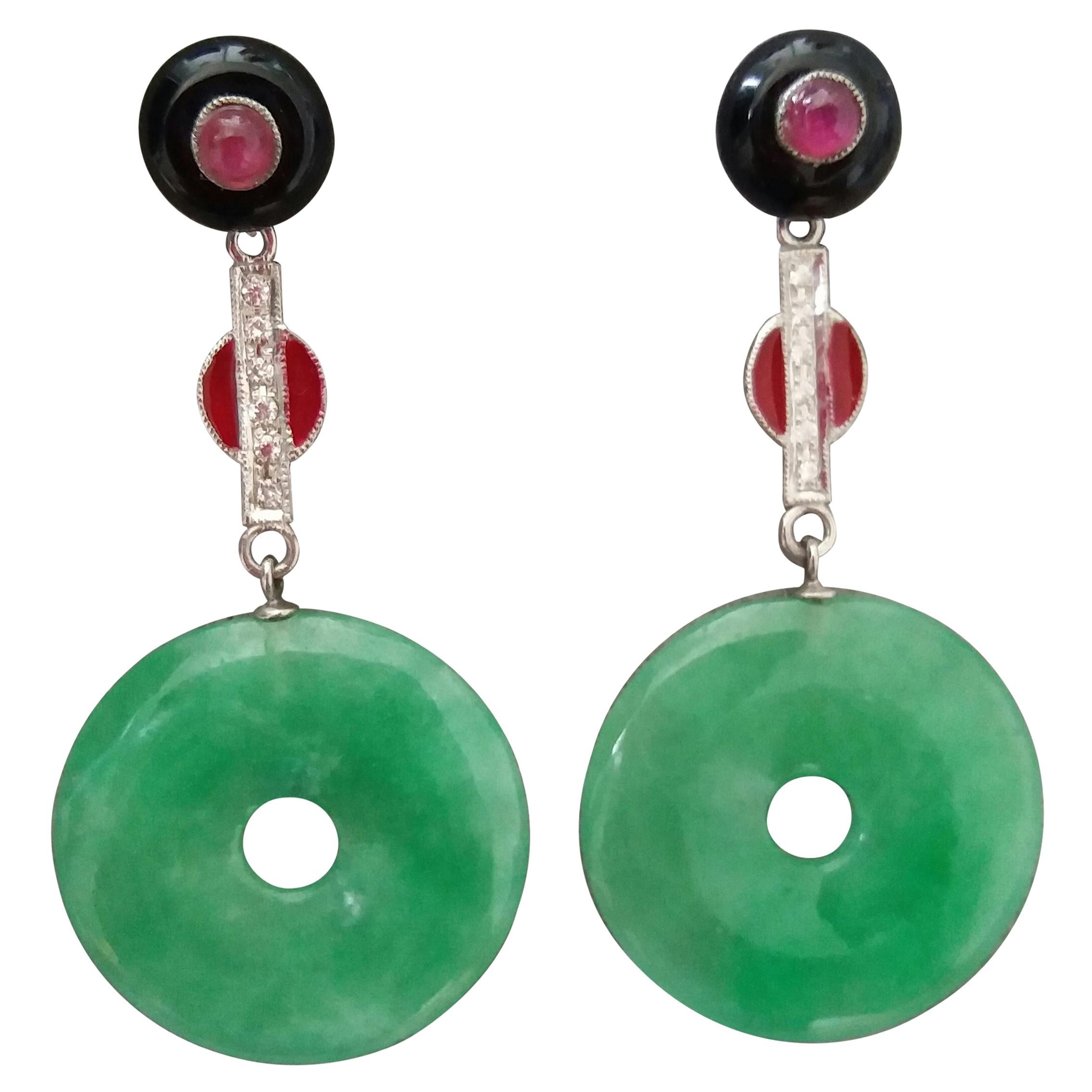 Art Deco Style Burma Jade Rubies Gold Diamonds Red Enamel Black Onyx Earrings