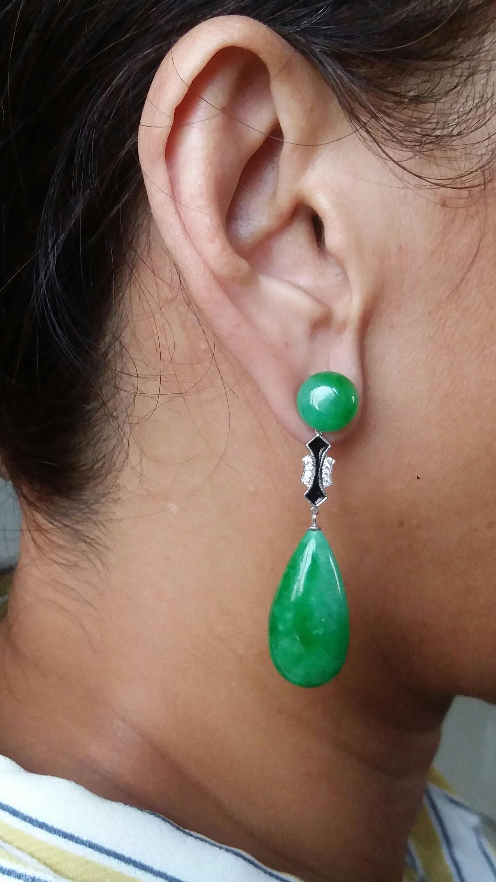 Mixed Cut Art Deco Style Burma Jade White Gold Diamonds Black Enamel Drop Earrings For Sale