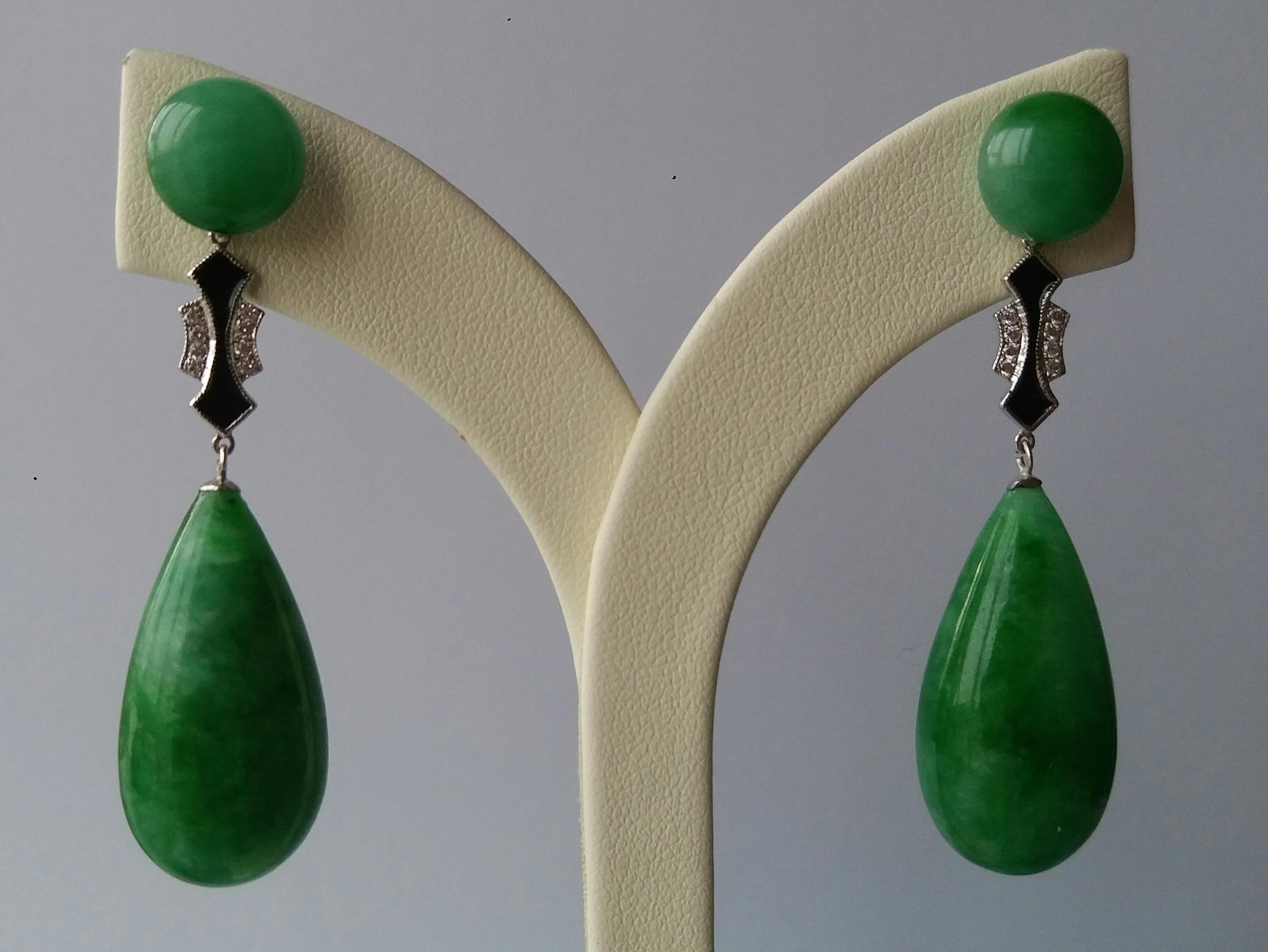 Art Deco Style Burma Jade White Gold Diamonds Black Enamel Drop Earrings In Good Condition For Sale In Bangkok, TH