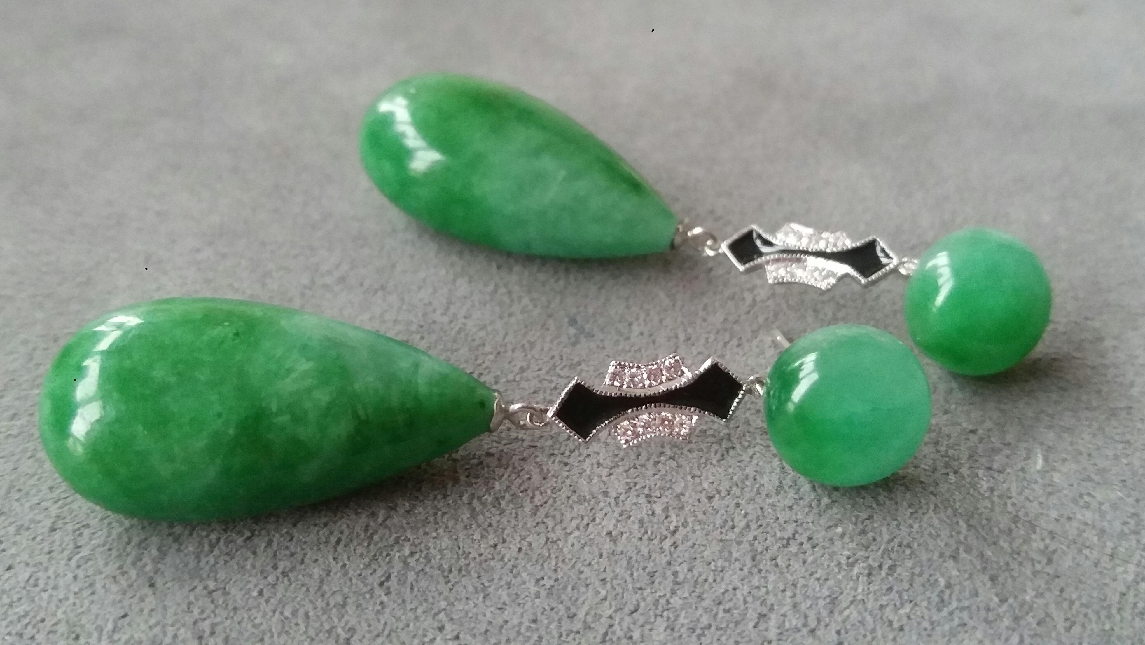 Art Deco Style Burma Jade White Gold Diamonds Black Enamel Drop Earrings For Sale 1