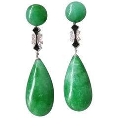 Art Deco Style Burma Jade White Gold Diamonds Black Enamel Drop Earrings