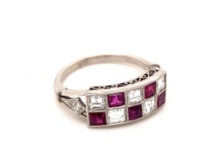 Art Deco Style Burma Ruby Asher Cut Diamond Platinum Ring