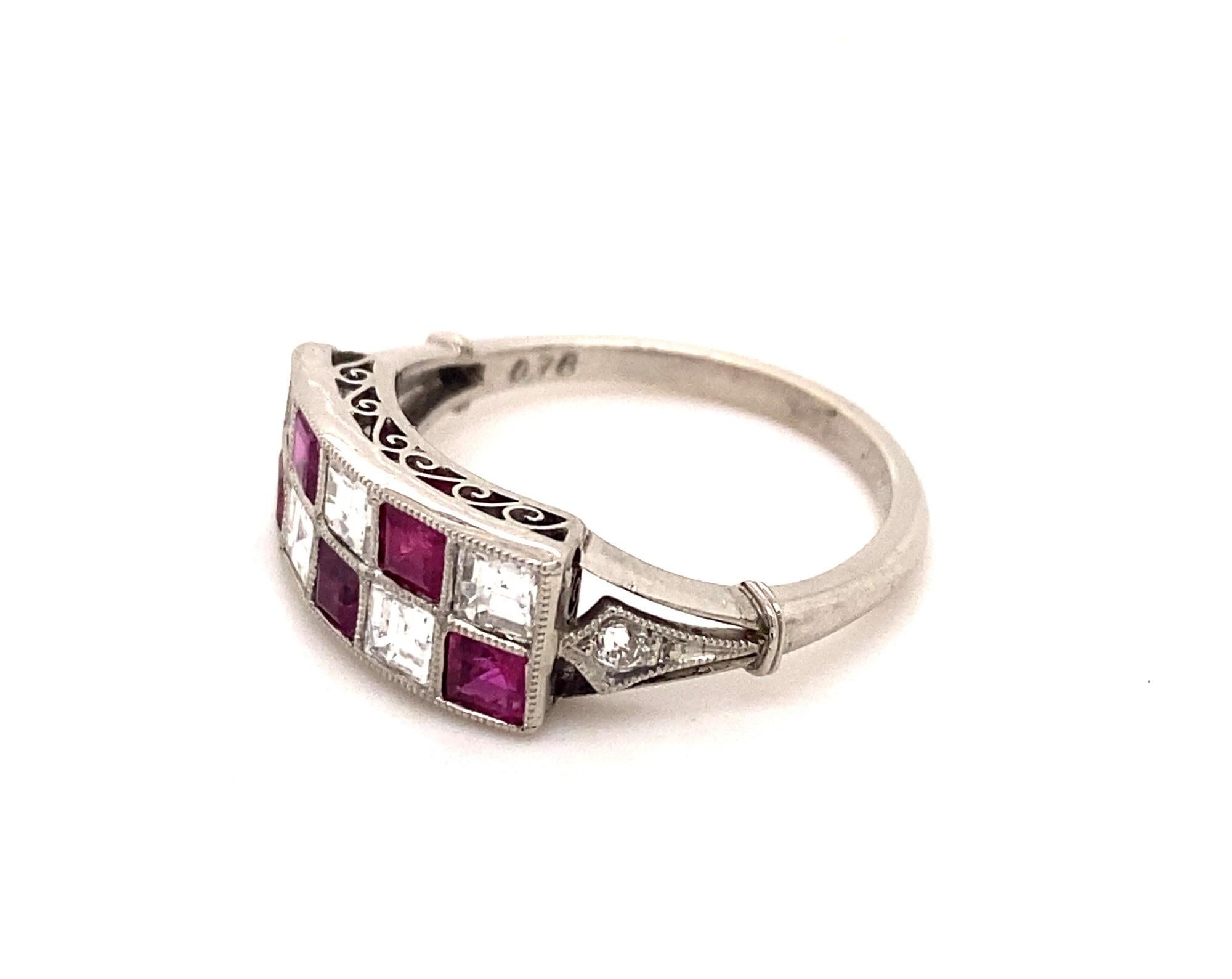 Asscher Cut Art Deco Style Burma Ruby Asher Cut Diamond Platinum Ring