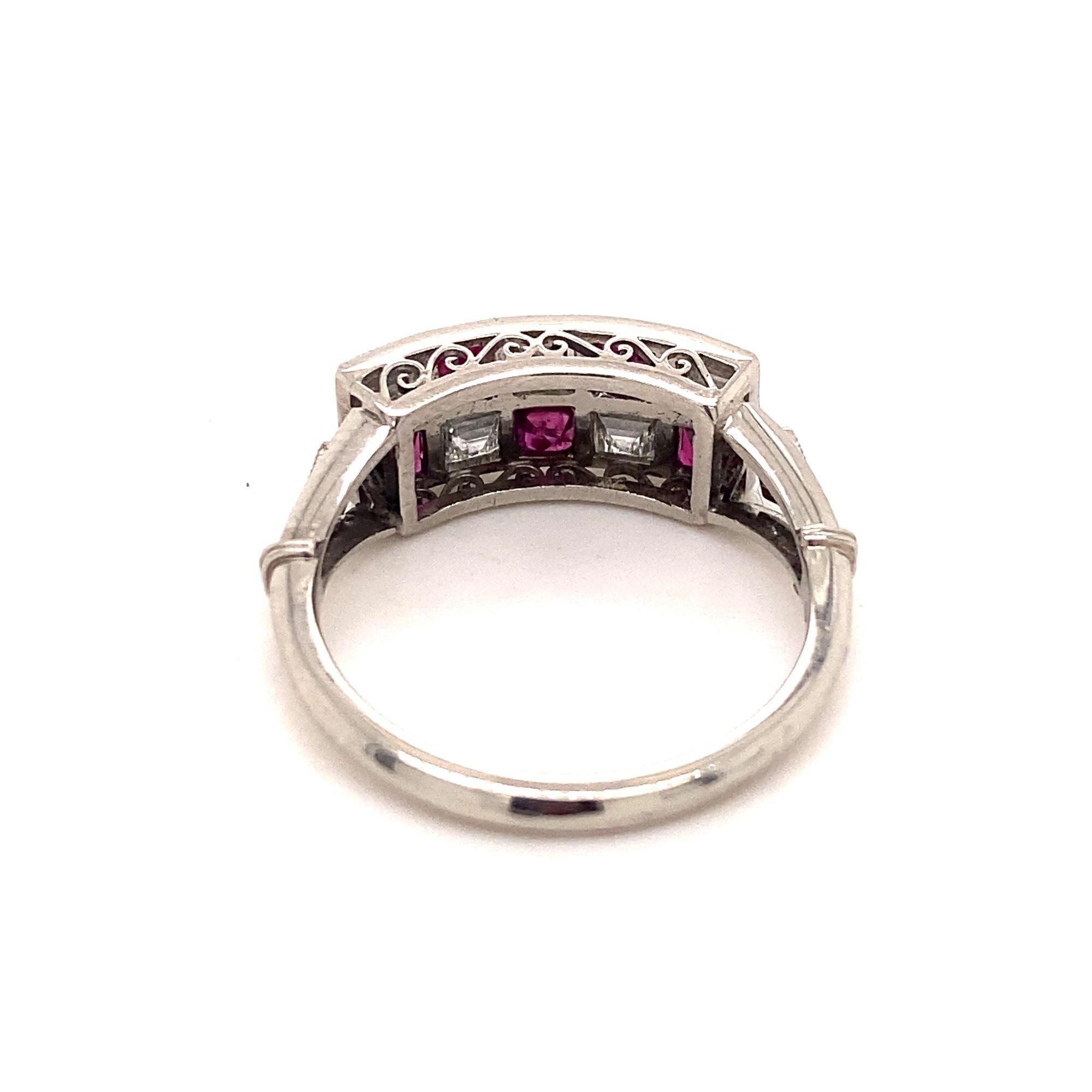 Art Deco Style Burma Ruby Asher Cut Diamond Platinum Ring In Excellent Condition In Woodland Hills, CA
