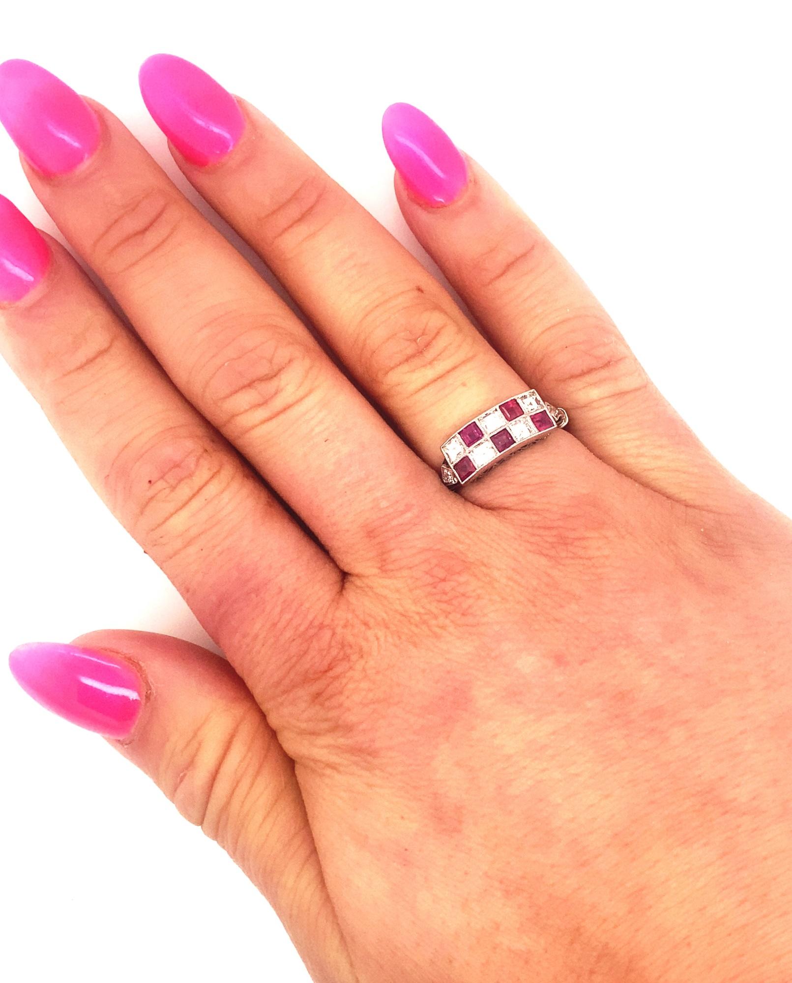 Art Deco Style Burma Ruby Asher Cut Diamond Platinum Ring 1