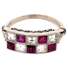 Art Deco Style Burma Ruby Asher Cut Diamond Platinum Ring