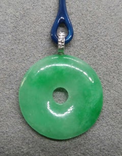 Art Deco Style Burma Jade Discs Gold Diamonds Blue Enamel Dangle Earrings