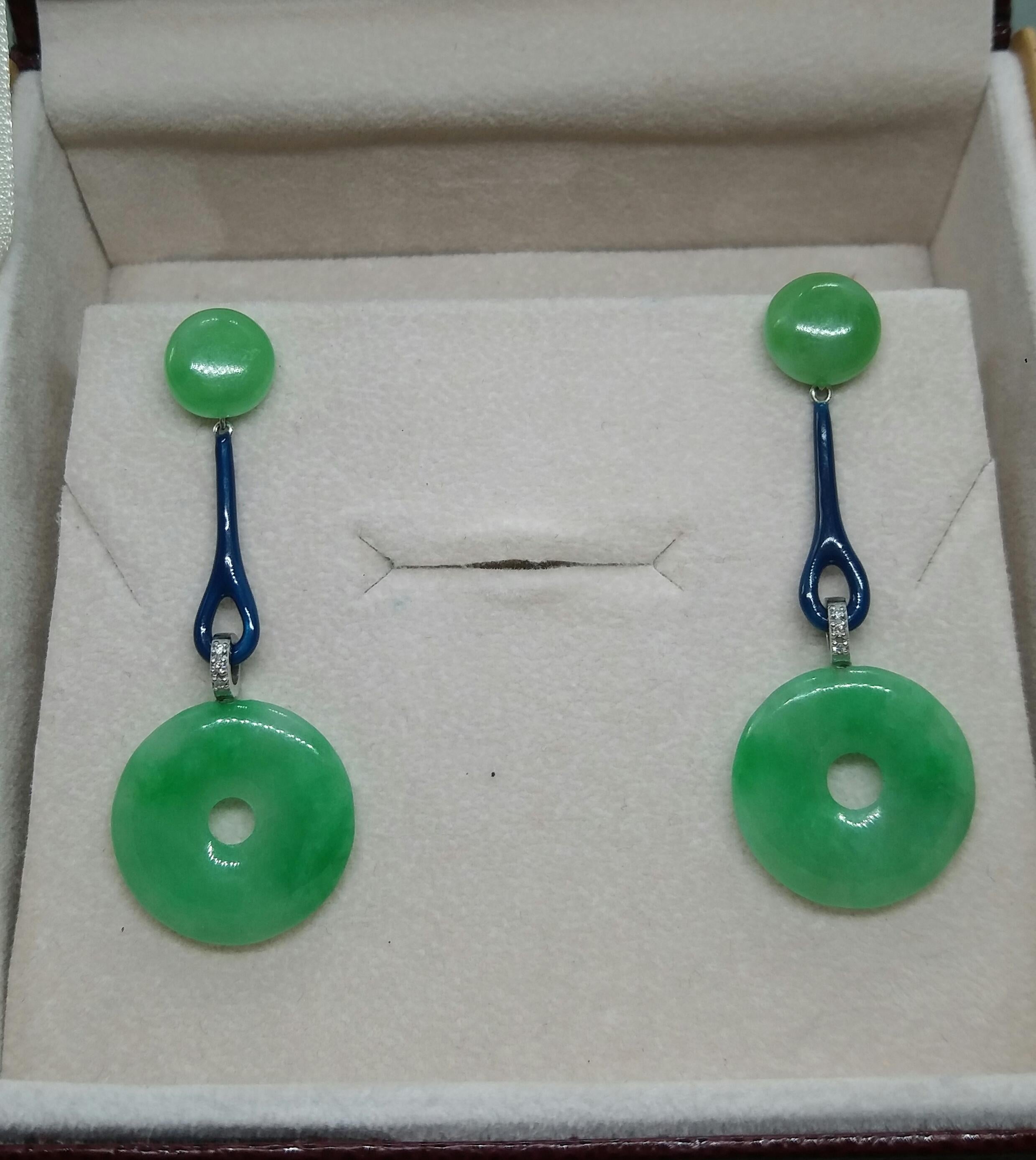 Art Deco Style Burma Jade Discs Gold Diamonds Blue Enamel Dangle Earrings In Good Condition For Sale In Bangkok, TH