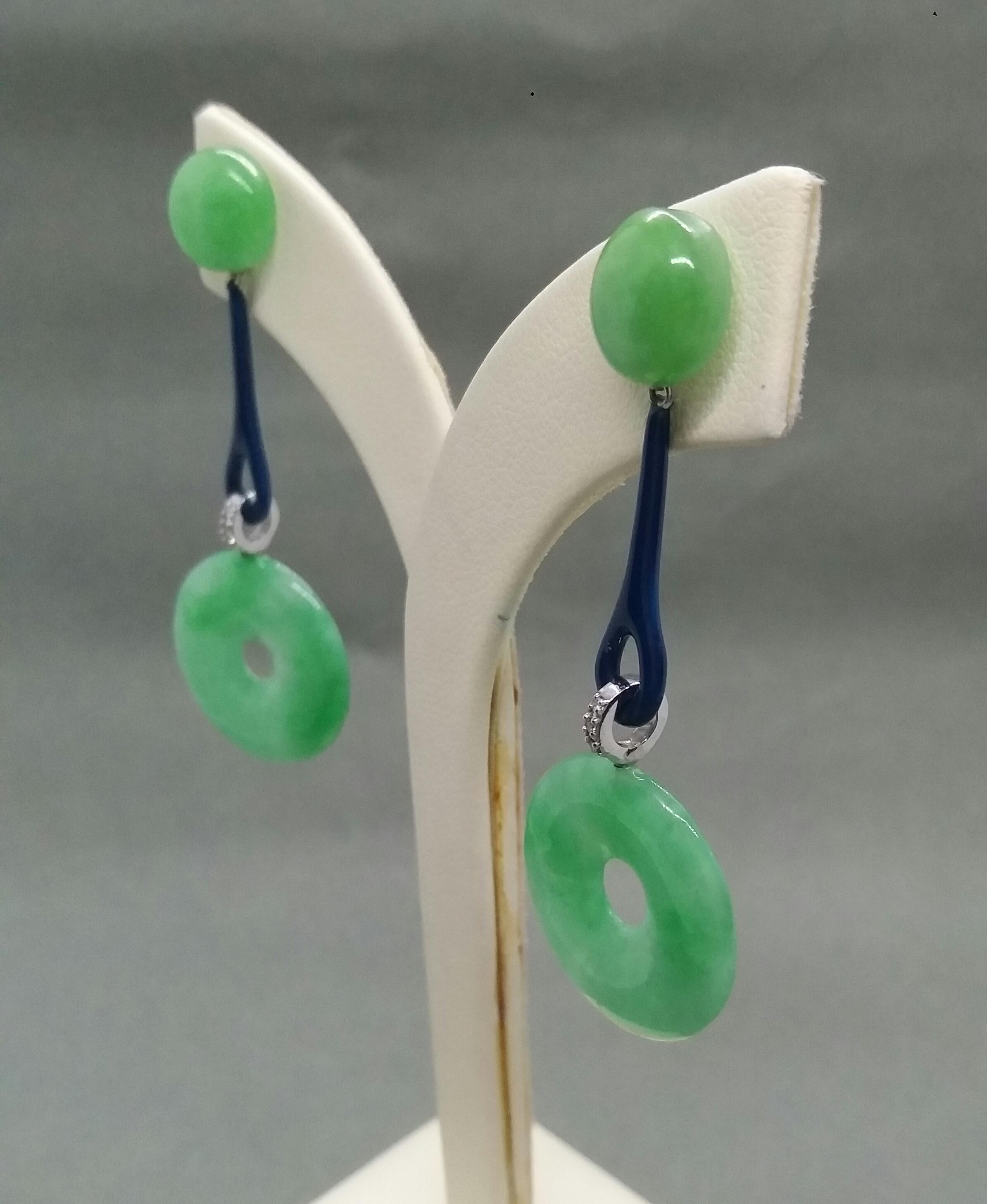 Art Deco Style Burma Jade Discs Gold Diamonds Blue Enamel Dangle Earrings For Sale 2