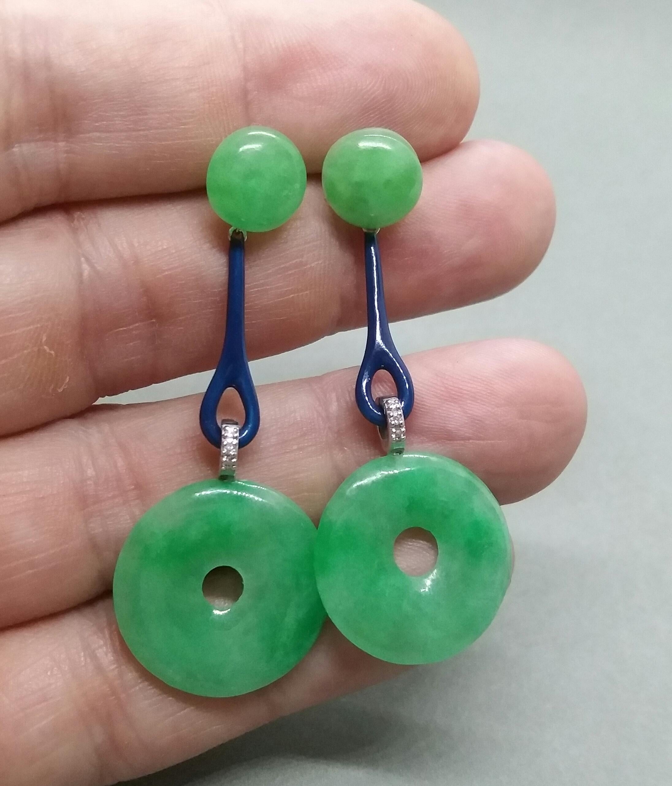 Art Deco Style Burma Jade Discs Gold Diamonds Blue Enamel Dangle Earrings For Sale 3