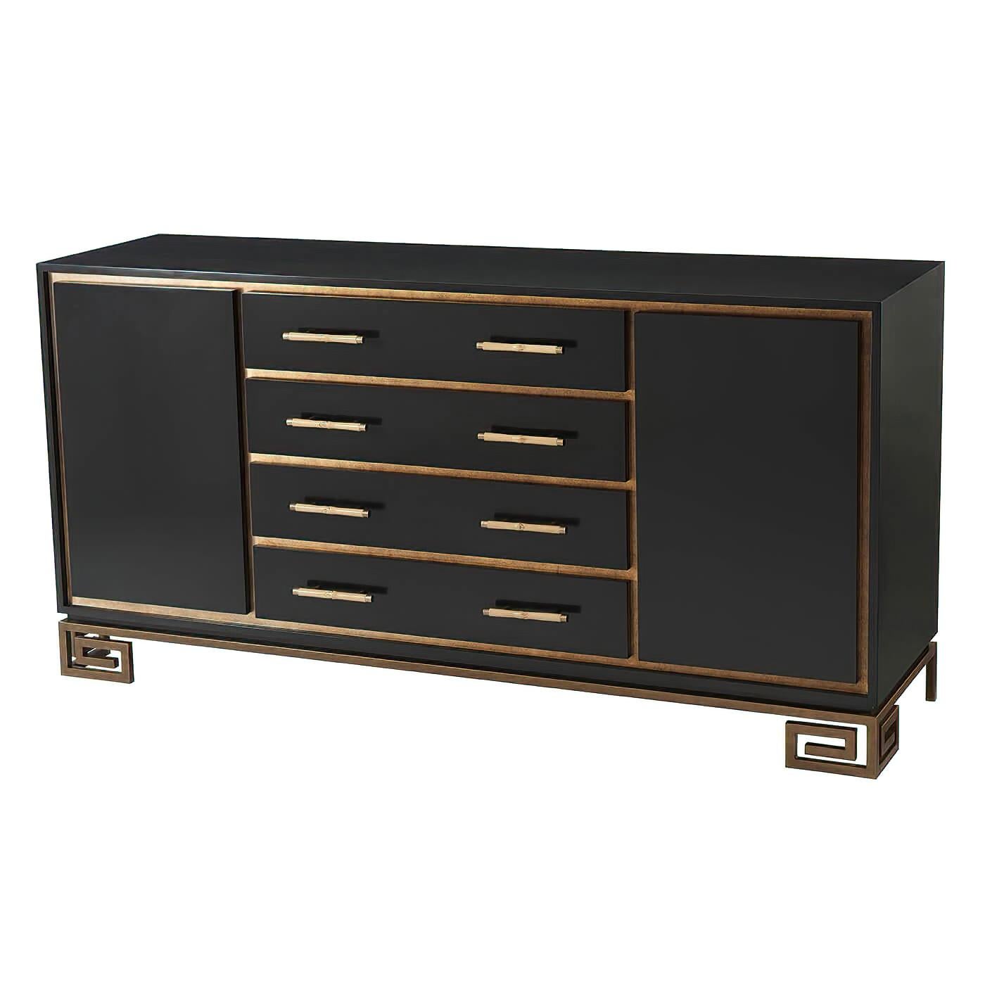 Art Deco style jet black lacquered cabinet with four recessed gilt frame drawers in the center, flanked by two cabinet ends with doors enclosing adjustable shelves with natural bamboo handles with brass tips on antiques gilded steel 