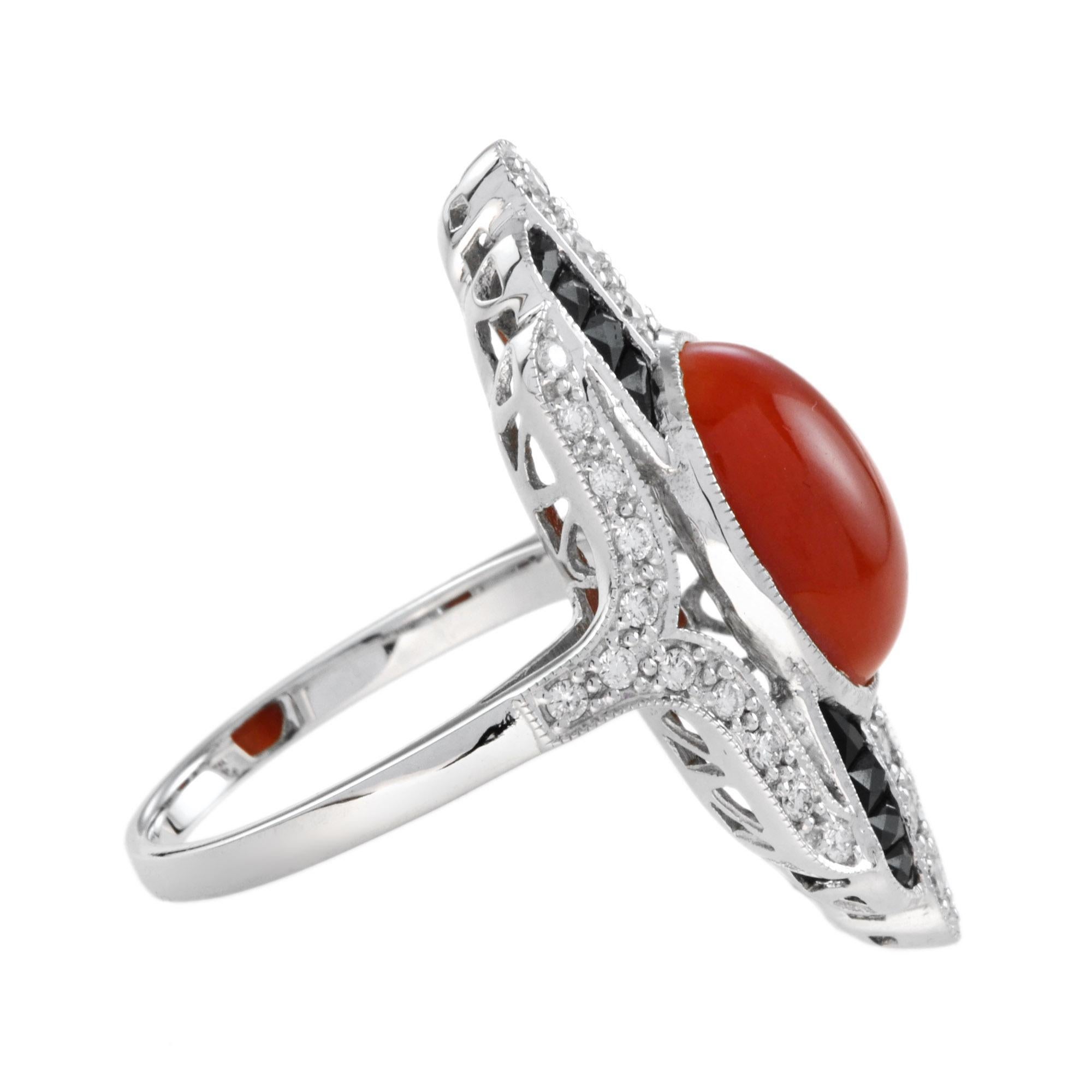 Women's Art Deco Style Cabochon Coral with Diamond and Onyx Cocktail Ring in 14K Gold