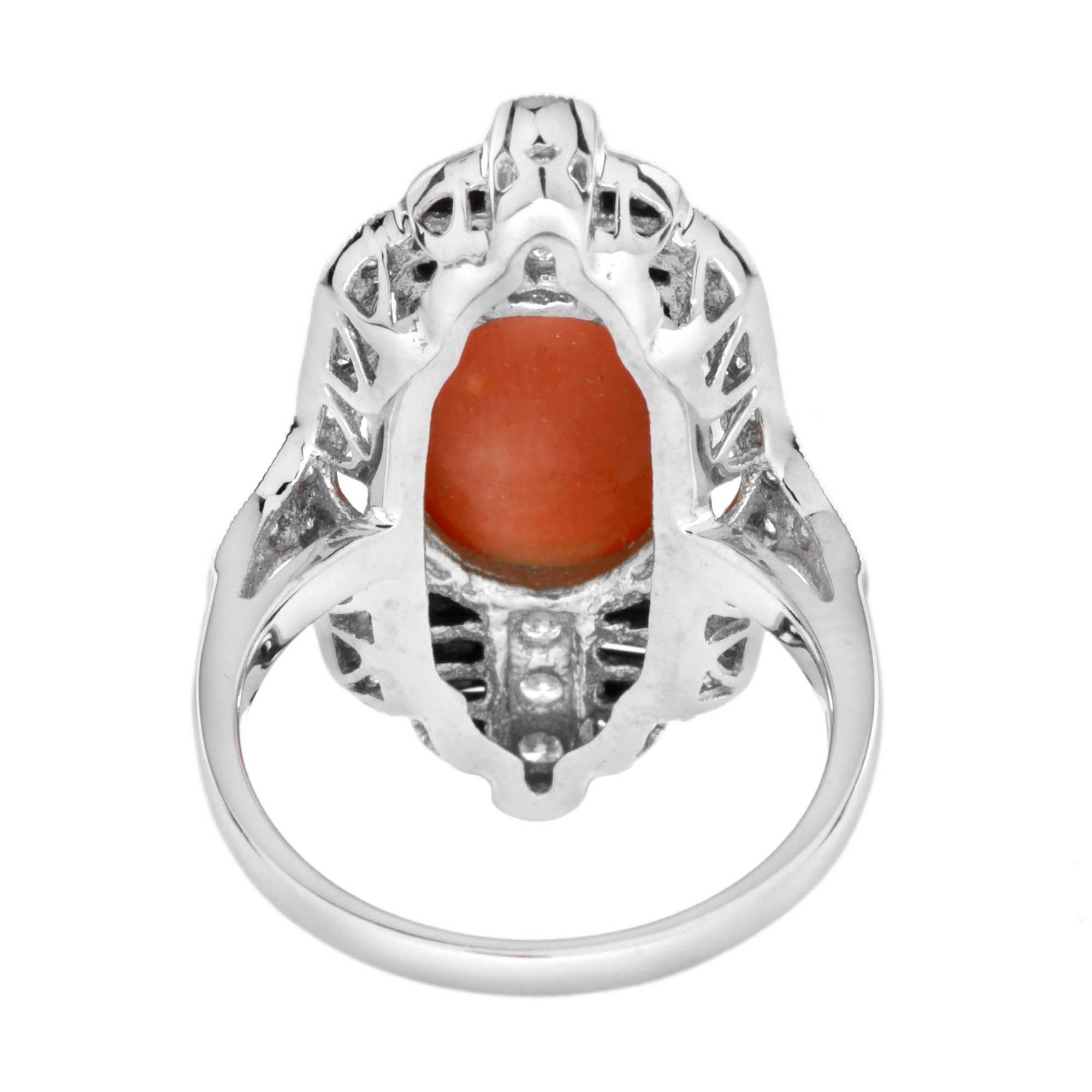 Art Deco Style Cabochon Coral with Diamond and Onyx Cocktail Ring in 14K Gold 1