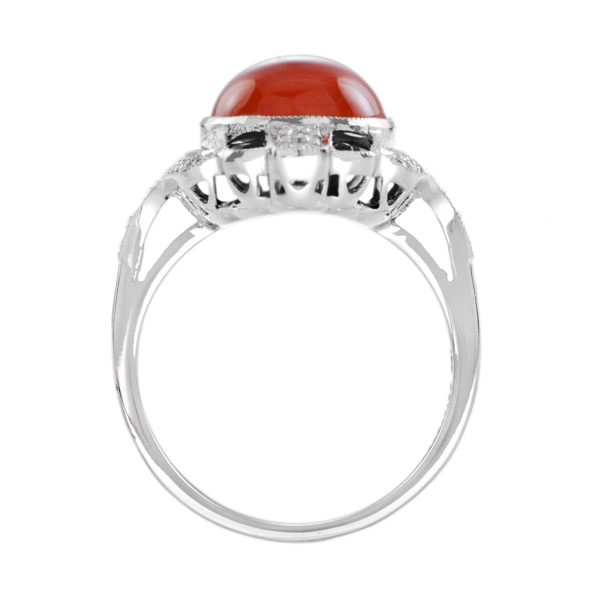 Art Deco Style Cabochon Coral with Diamond and Onyx Cocktail Ring in 14K Gold 2