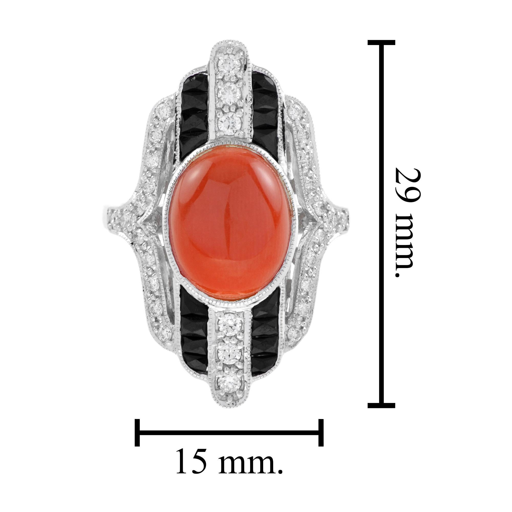 Art Deco Style Cabochon Coral with Diamond and Onyx Cocktail Ring in 14K Gold 3