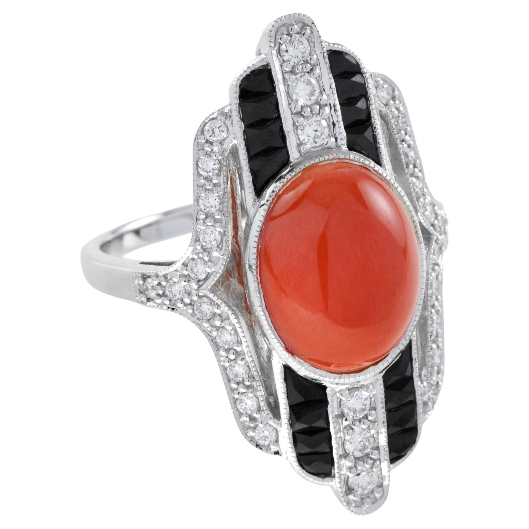 Art Deco Style Cabochon Coral with Diamond and Onyx Cocktail Ring in 14K Gold