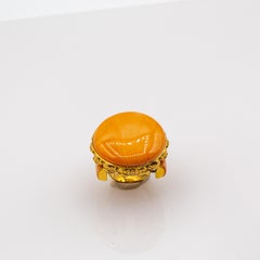 Art Deco Style Cabochon Cut Peach Coral Emerald Yellow Gold Cocktail Ring