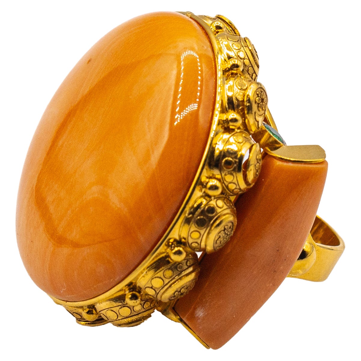 Art Deco Style Cabochon Cut Peach Coral Emerald Yellow Gold Cocktail Ring