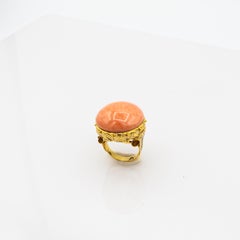 Art Deco Style Cabochon Cut Pink Coral Handcrafted Yellow Gold Cocktail Ring