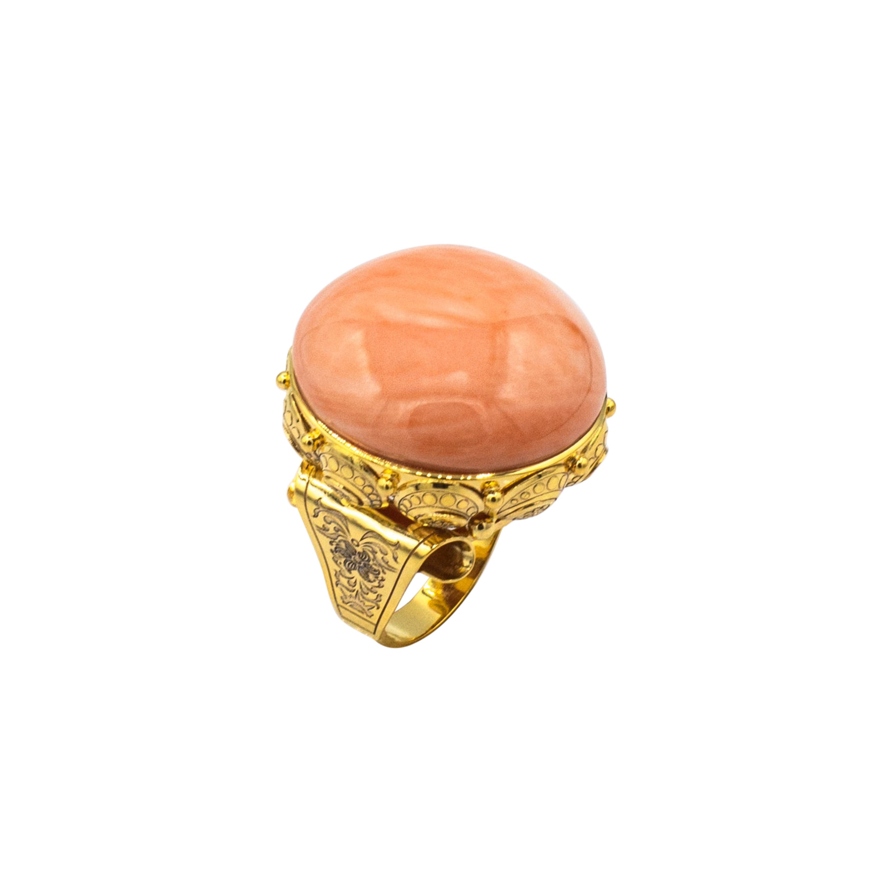 Art Deco Style Cabochon Cut Pink Coral Handcrafted Yellow Gold Cocktail Ring