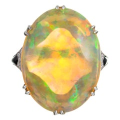 Art Deco Style Cabochon Opal, Diamond and Onyx Ring