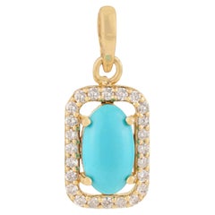 Colgante con Halo de Diamantes y Turquesa Ovalada Estilo Art Decó en Oro Amarillo de 14K