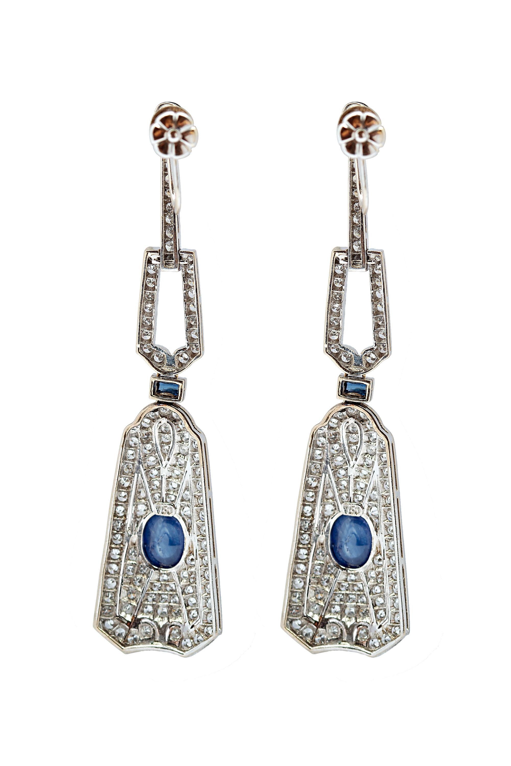 Art Deco Style Cabochon Sapphire and Diamond Drop Earrings 14K White Gold In Excellent Condition For Sale In beverly hills, CA