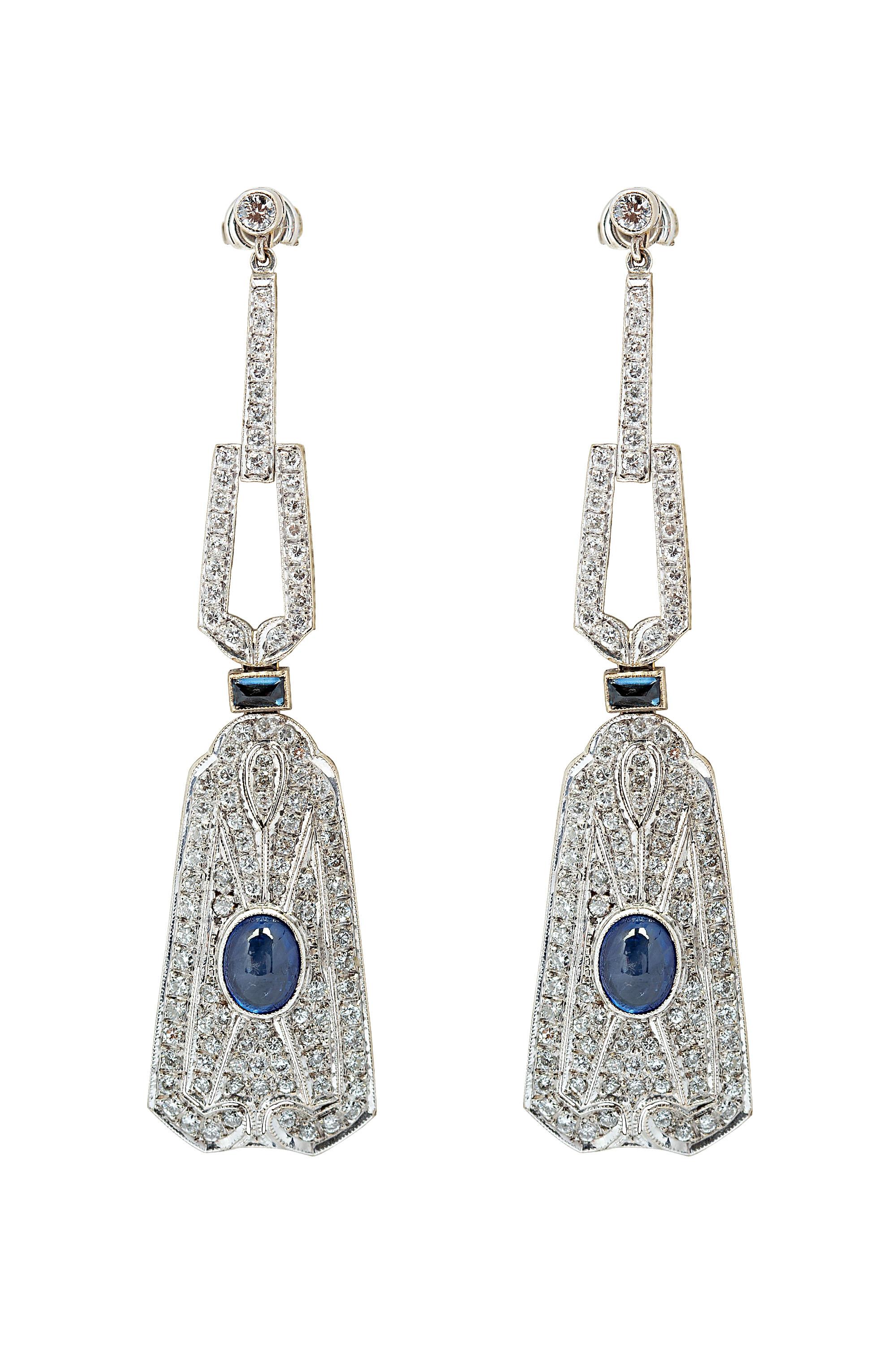 Women's Art Deco Style Cabochon Sapphire and Diamond Drop Earrings 14K White Gold For Sale