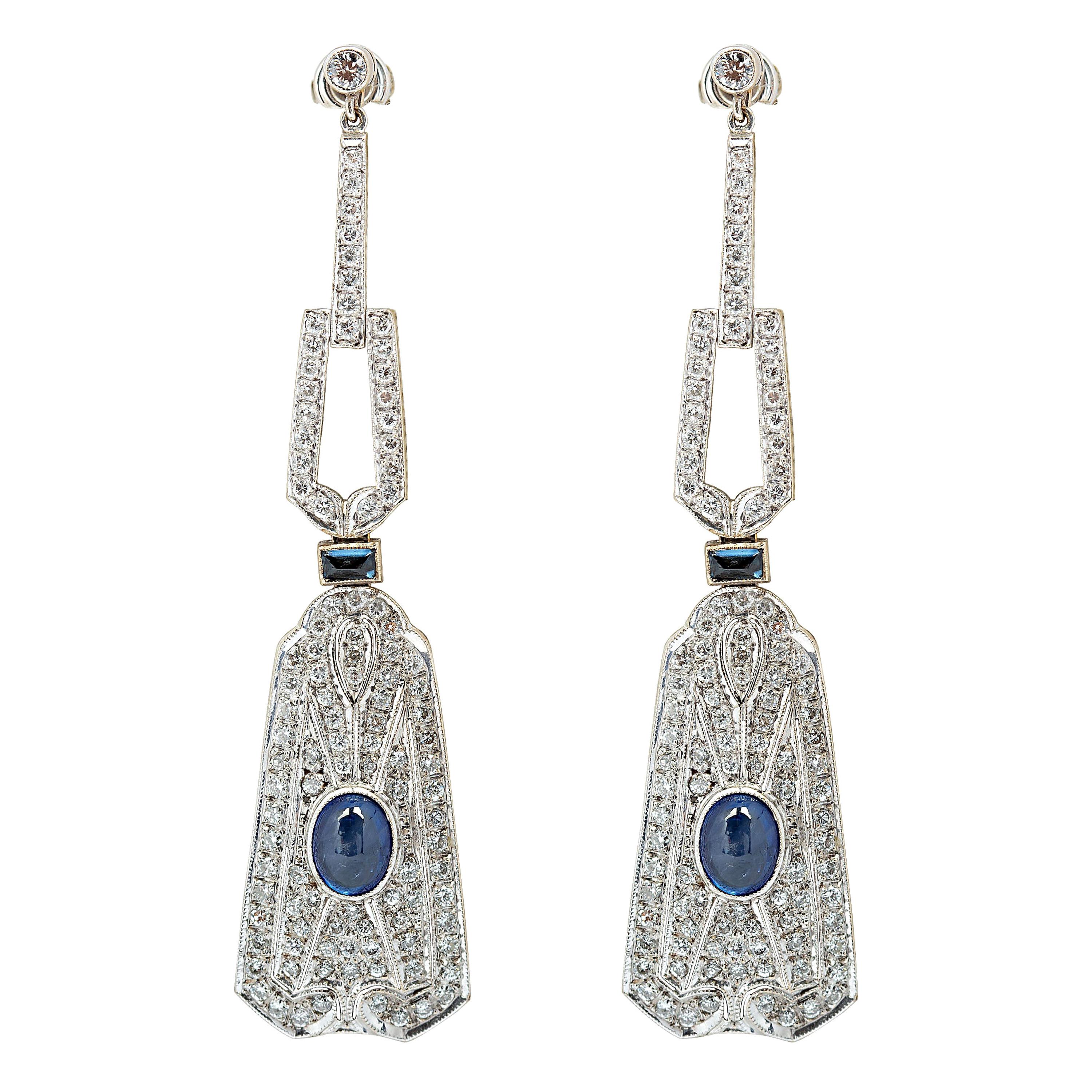 Art Deco Style Cabochon Sapphire and Diamond Drop Earrings 14K White Gold For Sale
