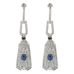 Art Deco Style Cabochon Sapphire and Diamond Drop Earrings 14K White Gold